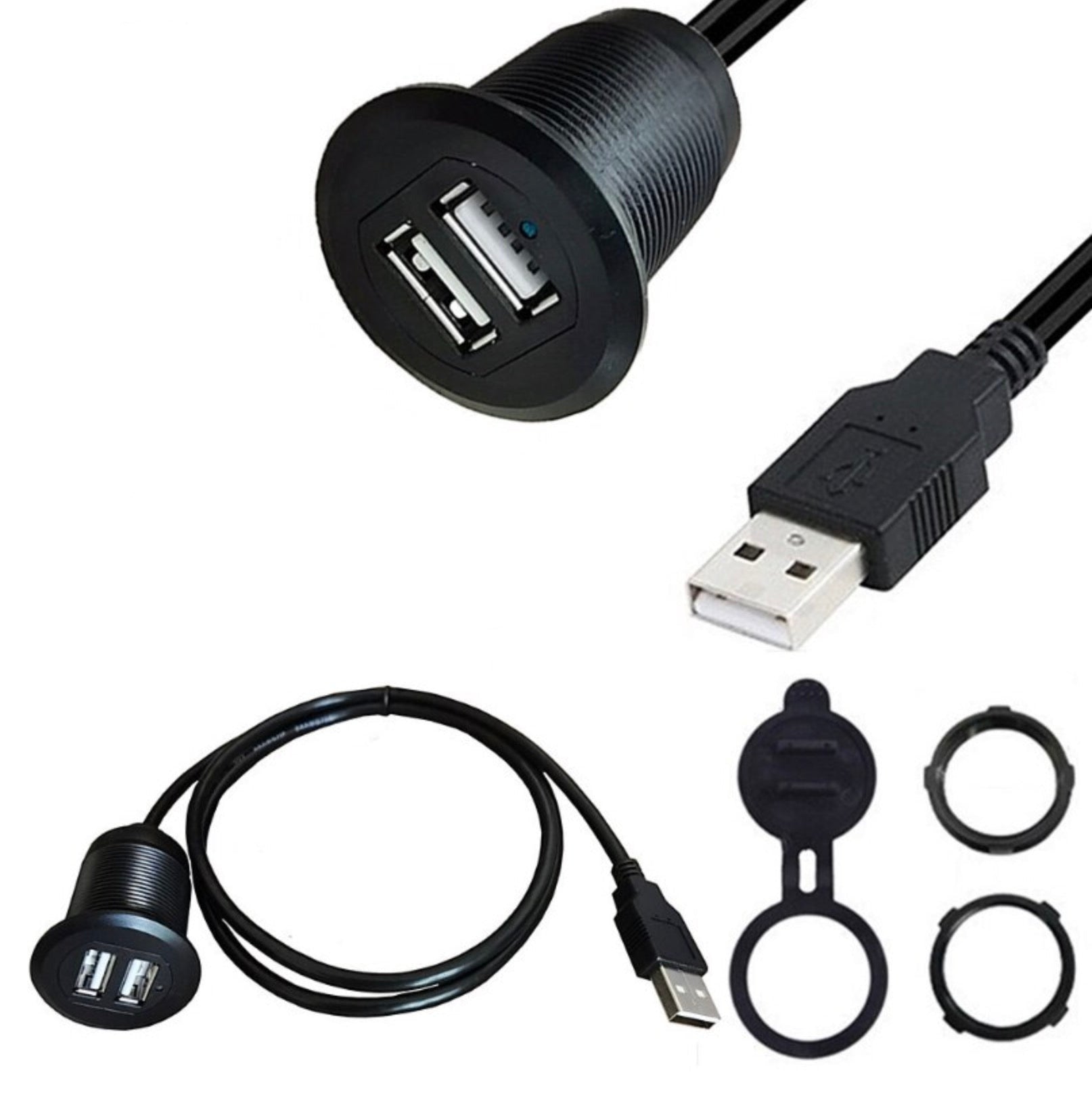 Dual USB panel mount extension cable supplied with mounting accessories