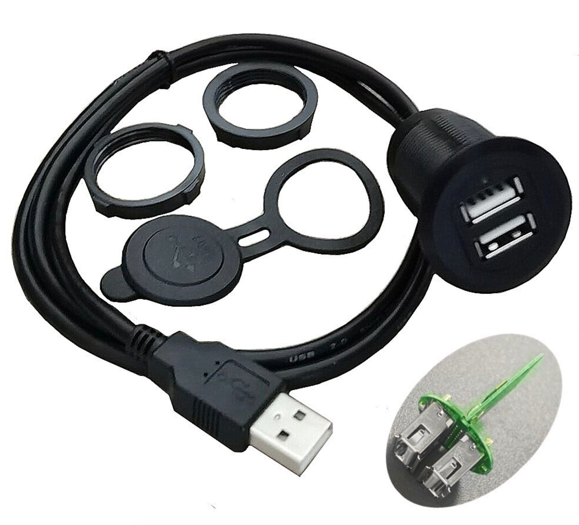 LED illuminated dual USB panel mount extension cable ready for vehicle installation