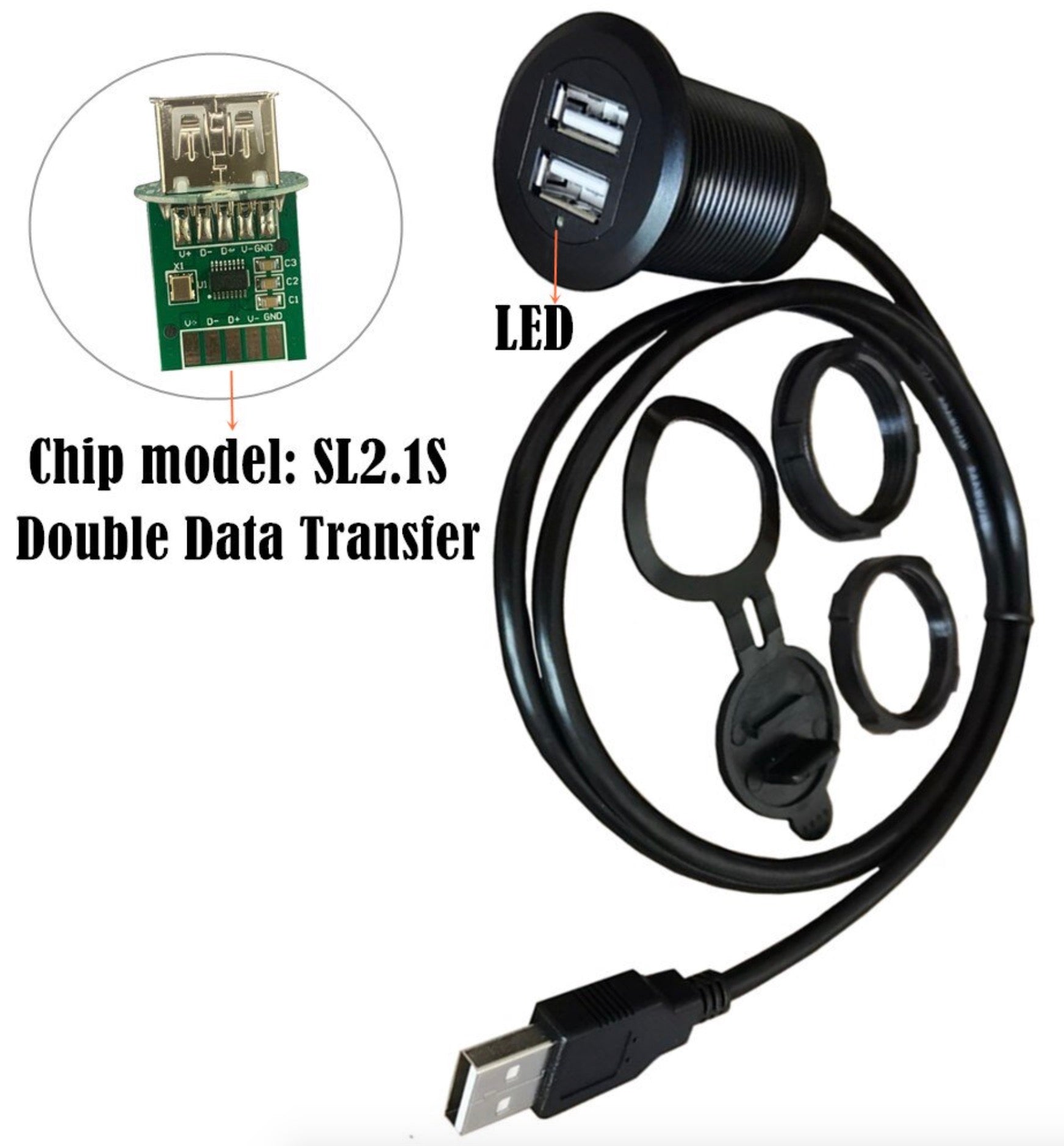 Dual USB 2.0 panel mount extension cable showing connector and installation details
