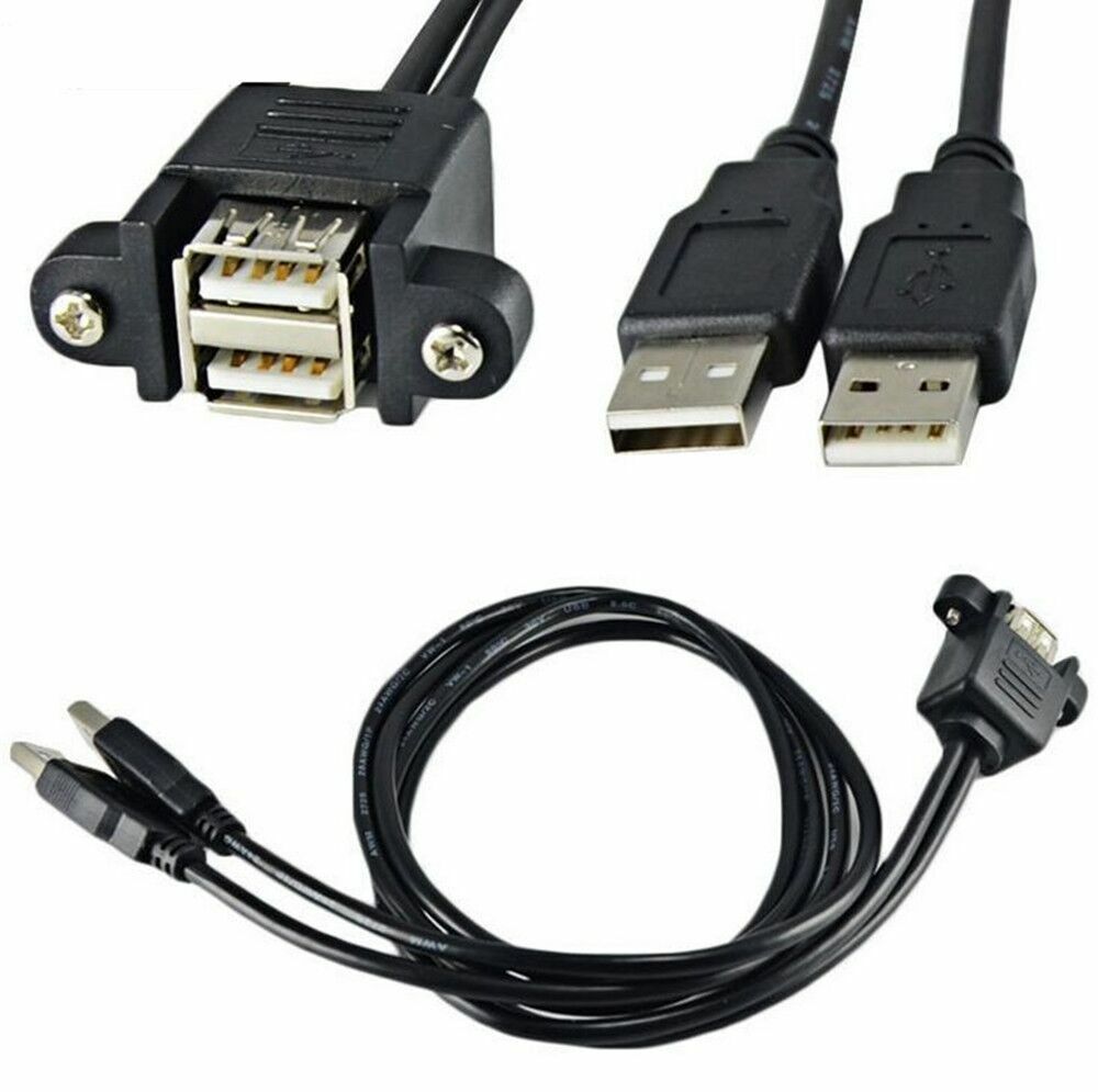 Dual USB 2.0 Type A Male to Female Extension Panel Mount Cable