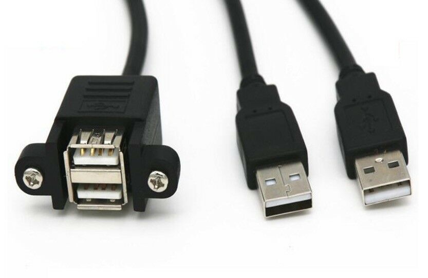 Dual USB 2.0 Type A Male to Female Extension Panel Mount Cable