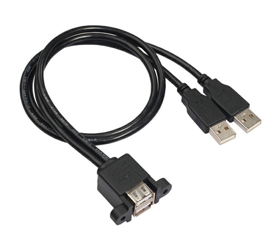 Dual USB 2.0 Type A Male to Female Extension Panel Mount Cable