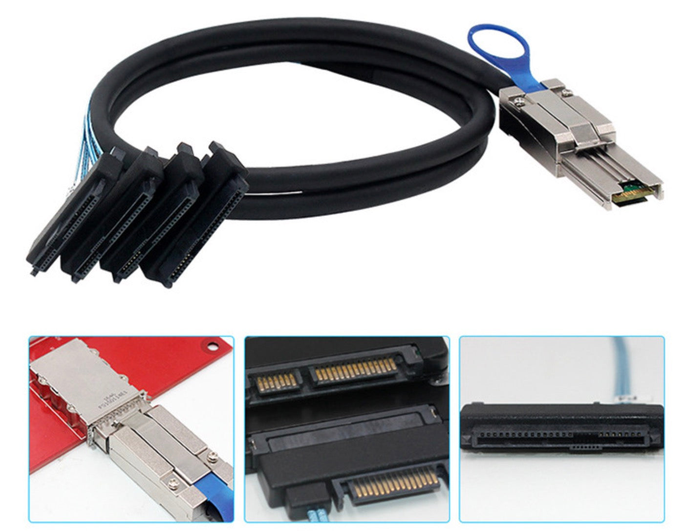 Mini SAS SFF-8088 breakout cable connected to enterprise SAS storage drives