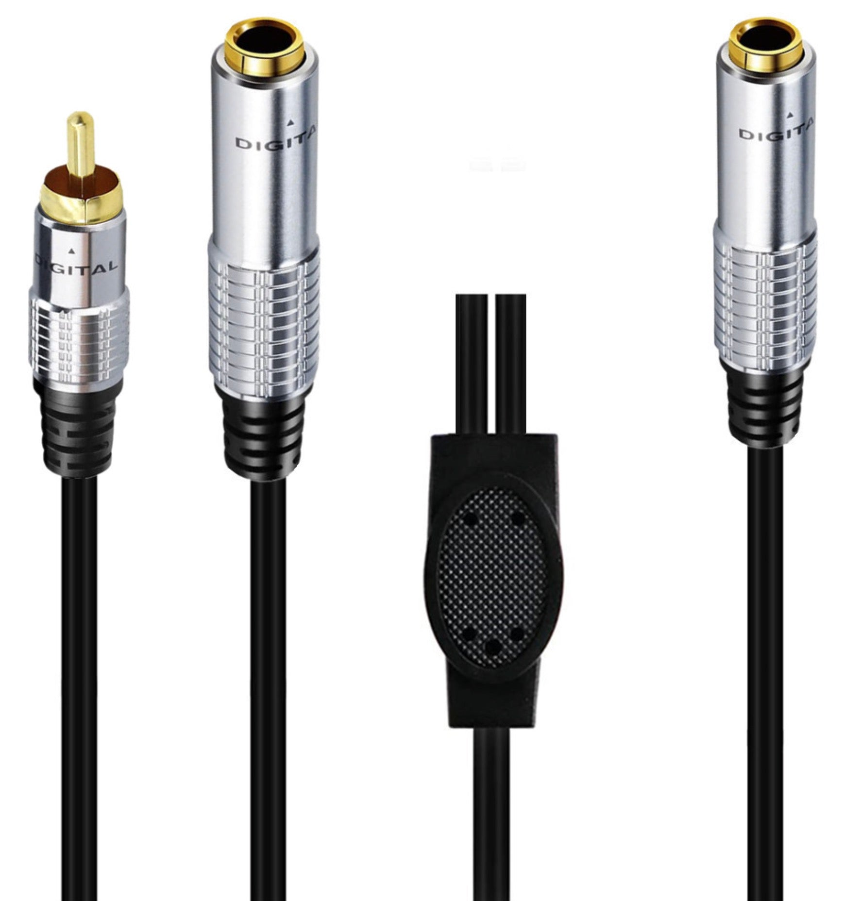 Close-up of gold-plated 6.35mm and RCA audio connectors