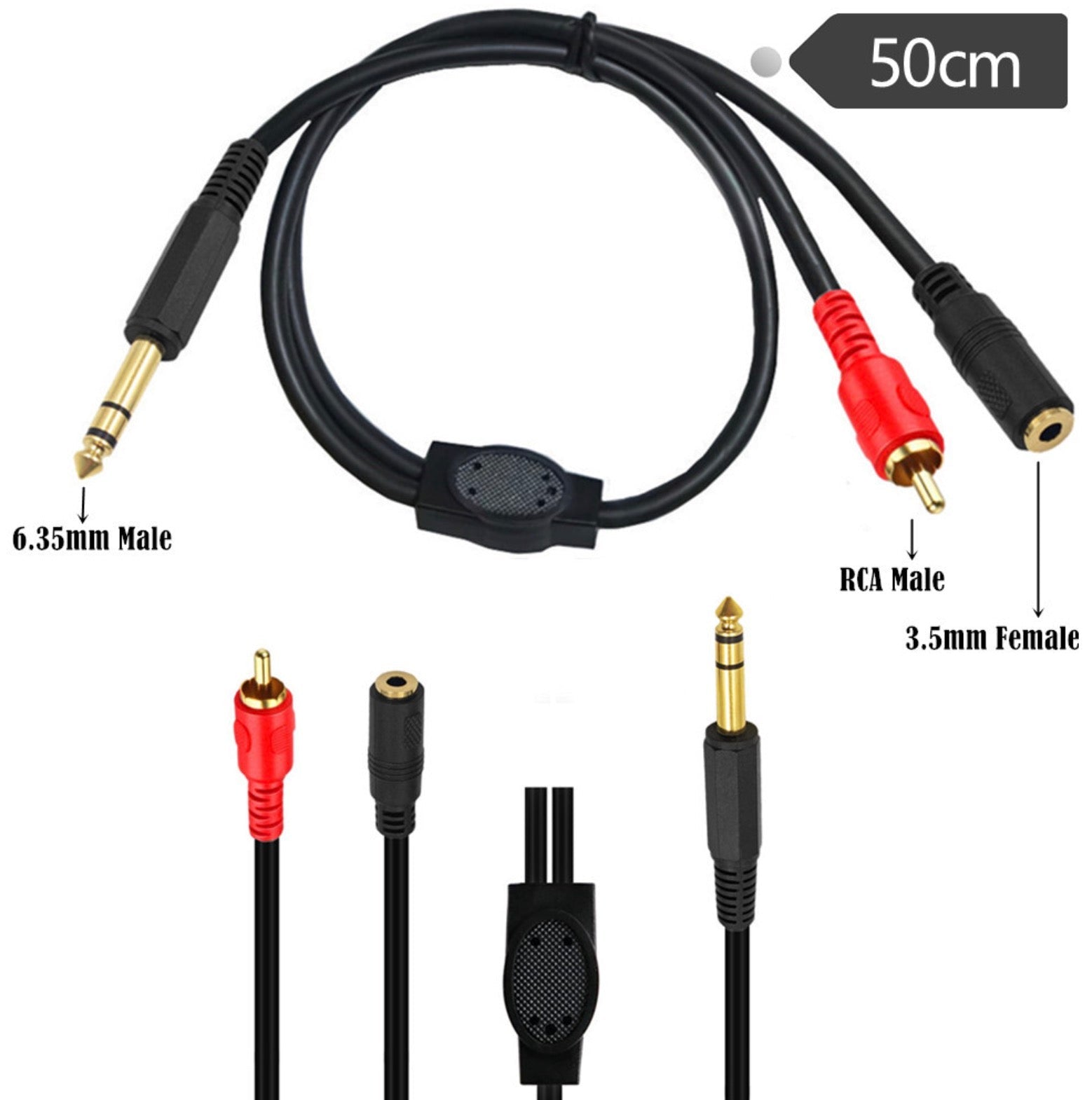 Audio cable with 6.35mm male, RCA male, and 3.5mm female connectors on a white background.