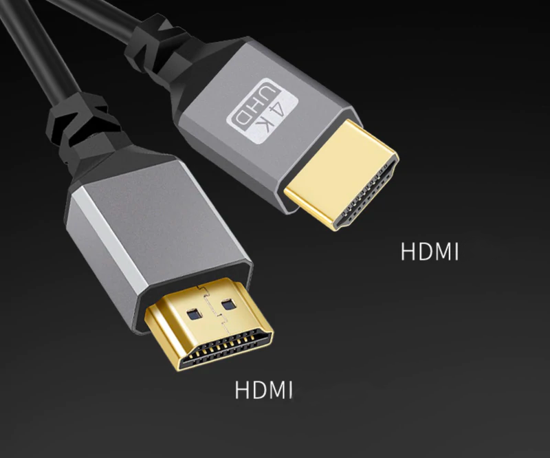 Detailed view of HDMI 2.0 male connectors with gold-plated contacts