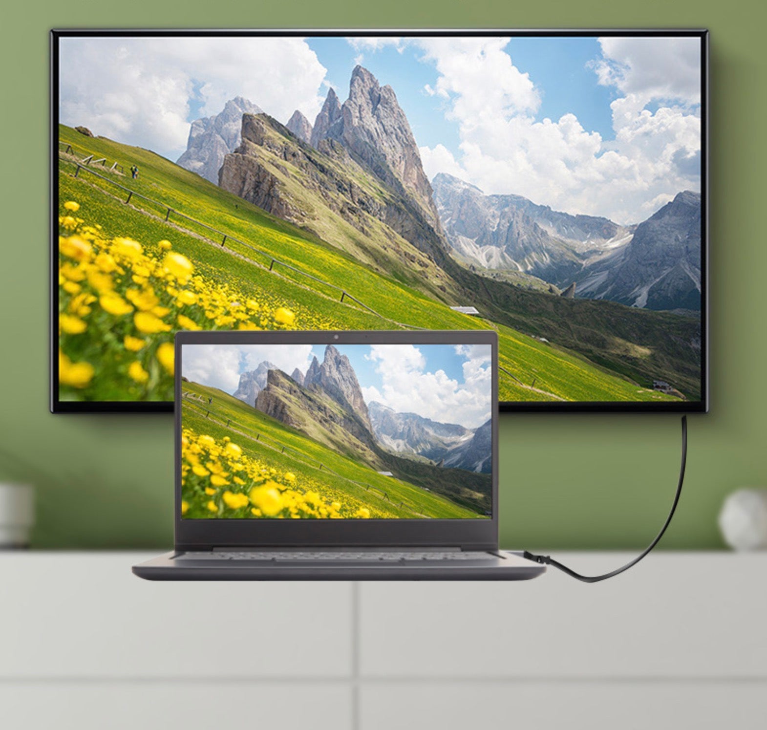 HDMI 2.0 cable connecting a computer to a 4K monitor