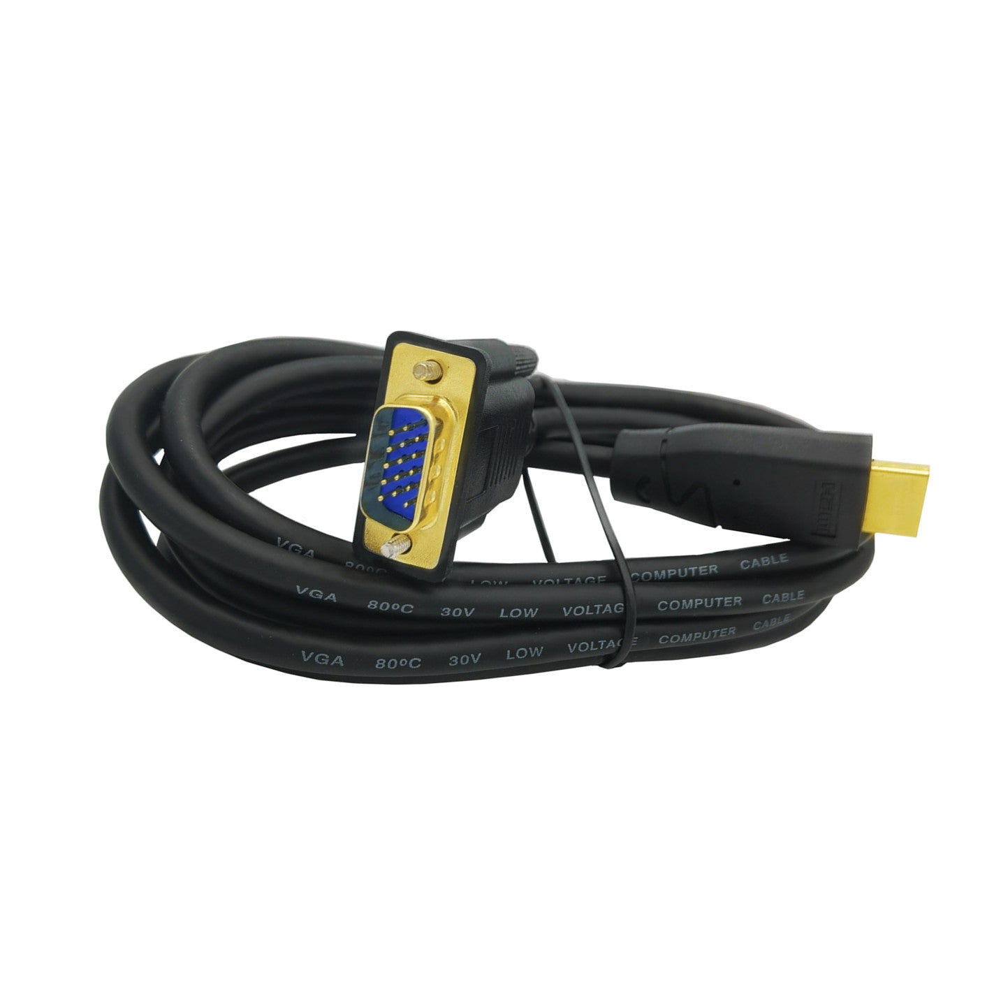 HDMI to VGA active converter cable connecting a laptop to a VGA monitor for Full HD display output