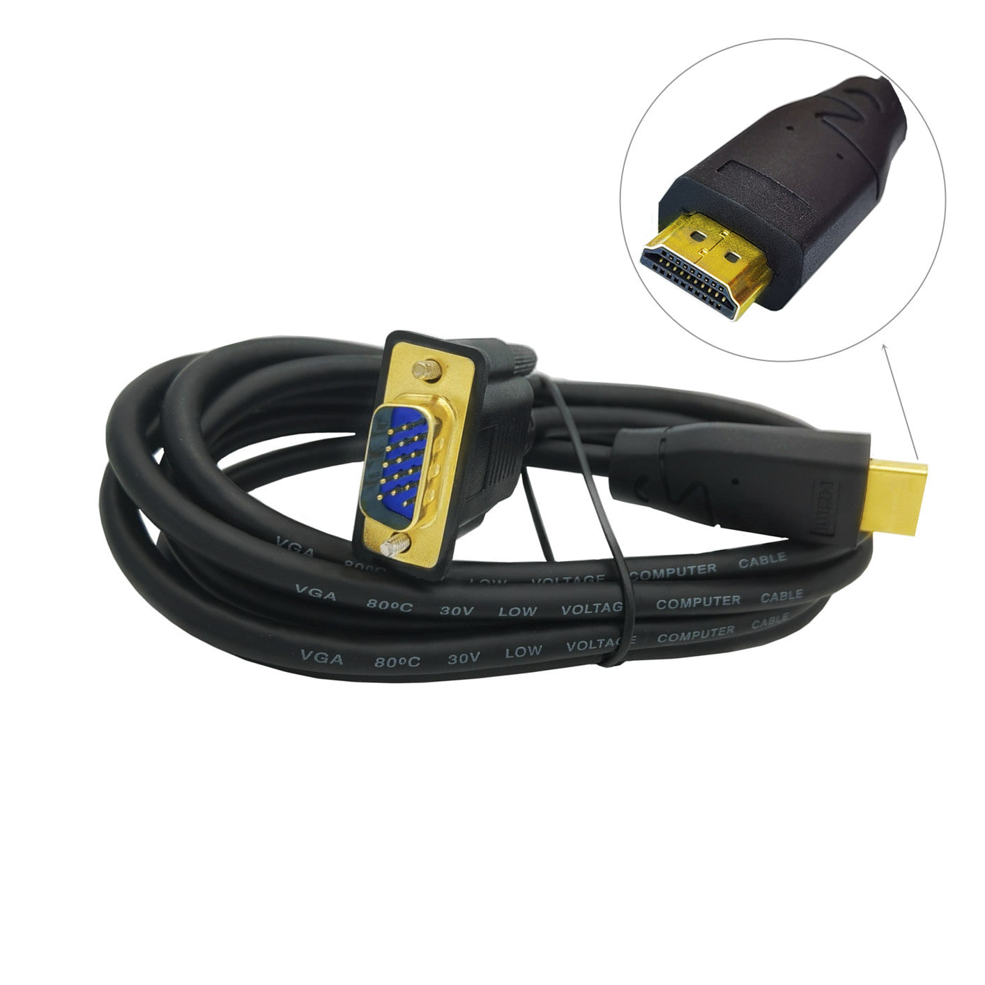 HDMI to VGA active converter cable connected between a computer and VGA monitor