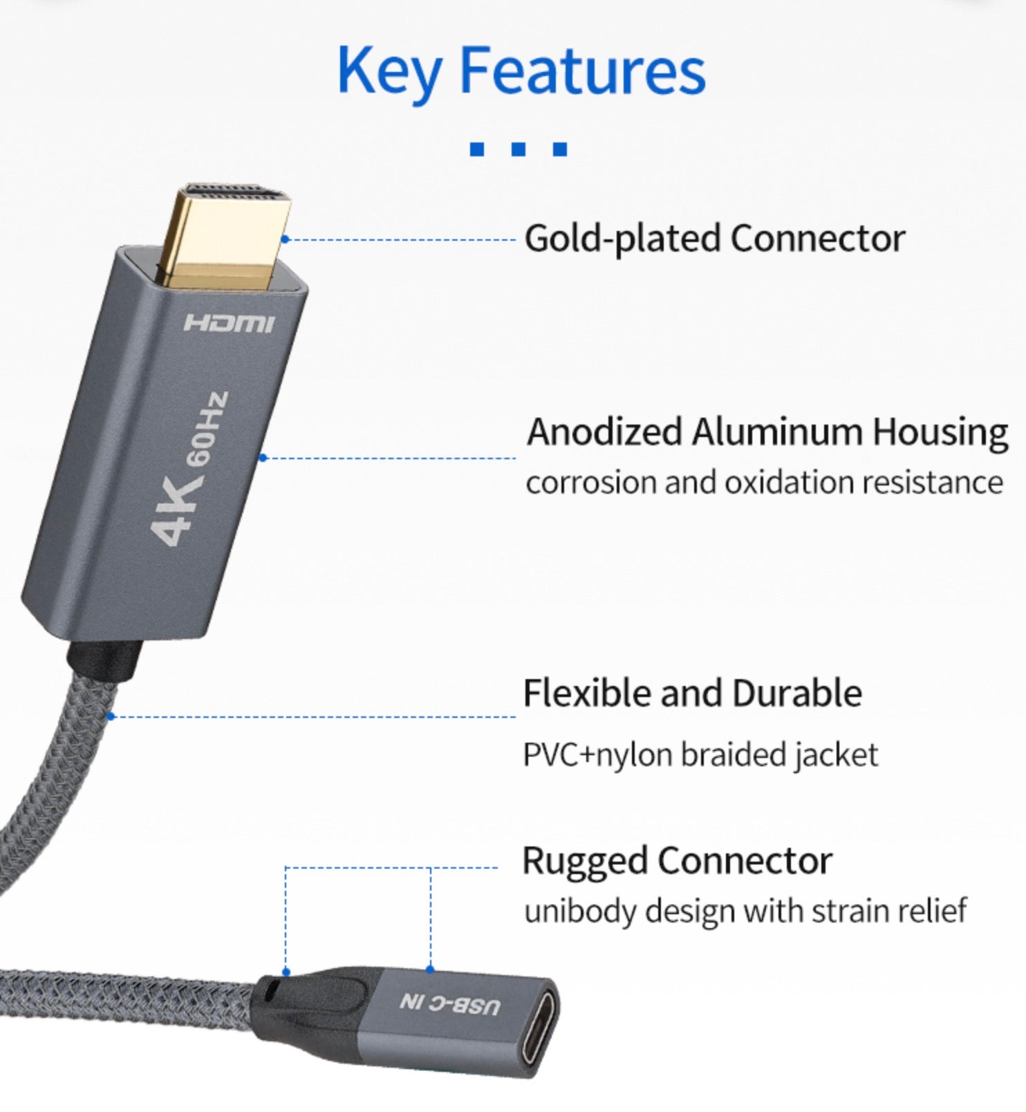 USB-C Input to HDMI Ouput Converter 4K 60Hz Thunderbolt 3 Cable 0.2m