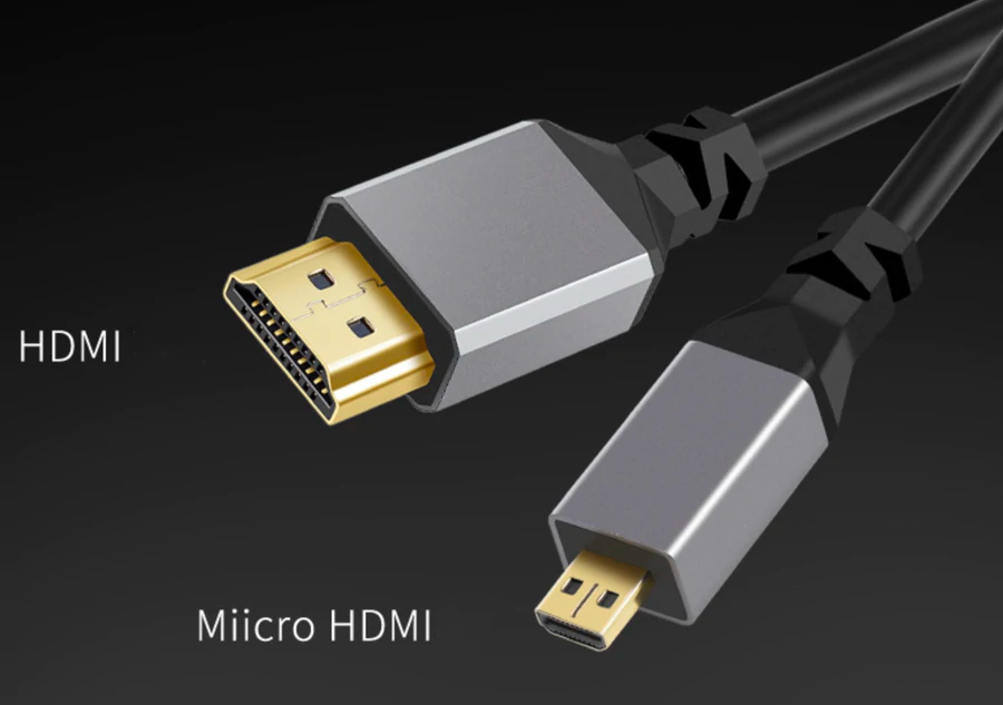 Micro HDMI Type D to HDMI 2.0 coiled cable connecting a camera to an external monitor for 4K video output