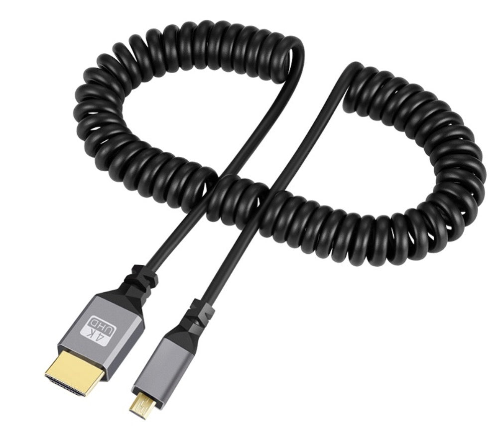 Micro HDMI Type D to HDMI 2.0 coiled cable supporting 4K 60Hz