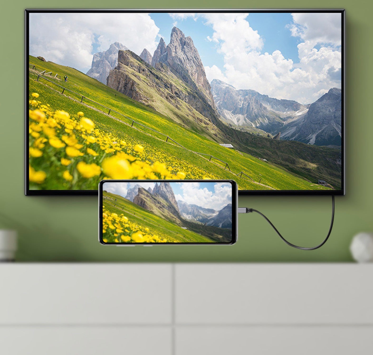 Micro HDMI to HDMI cable displaying Ultra HD content on a television