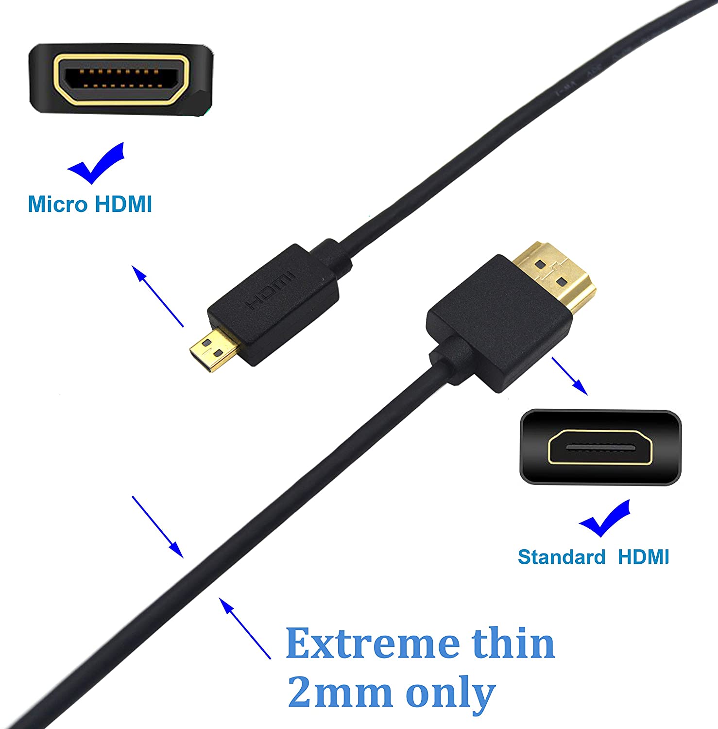 HDMI 2.0 micro HDMI cable with gold connector lead