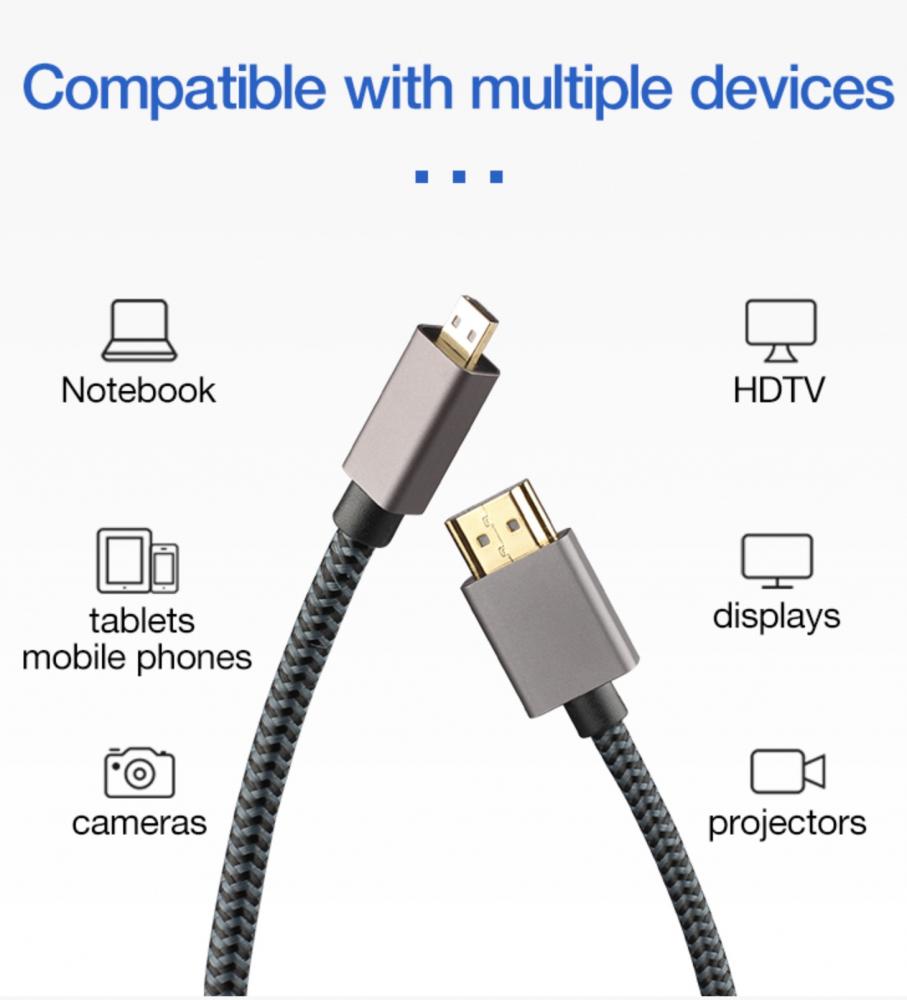 Micro HDMI Male to Standard HDMI 4K Ultra HD Braided Cable 3m