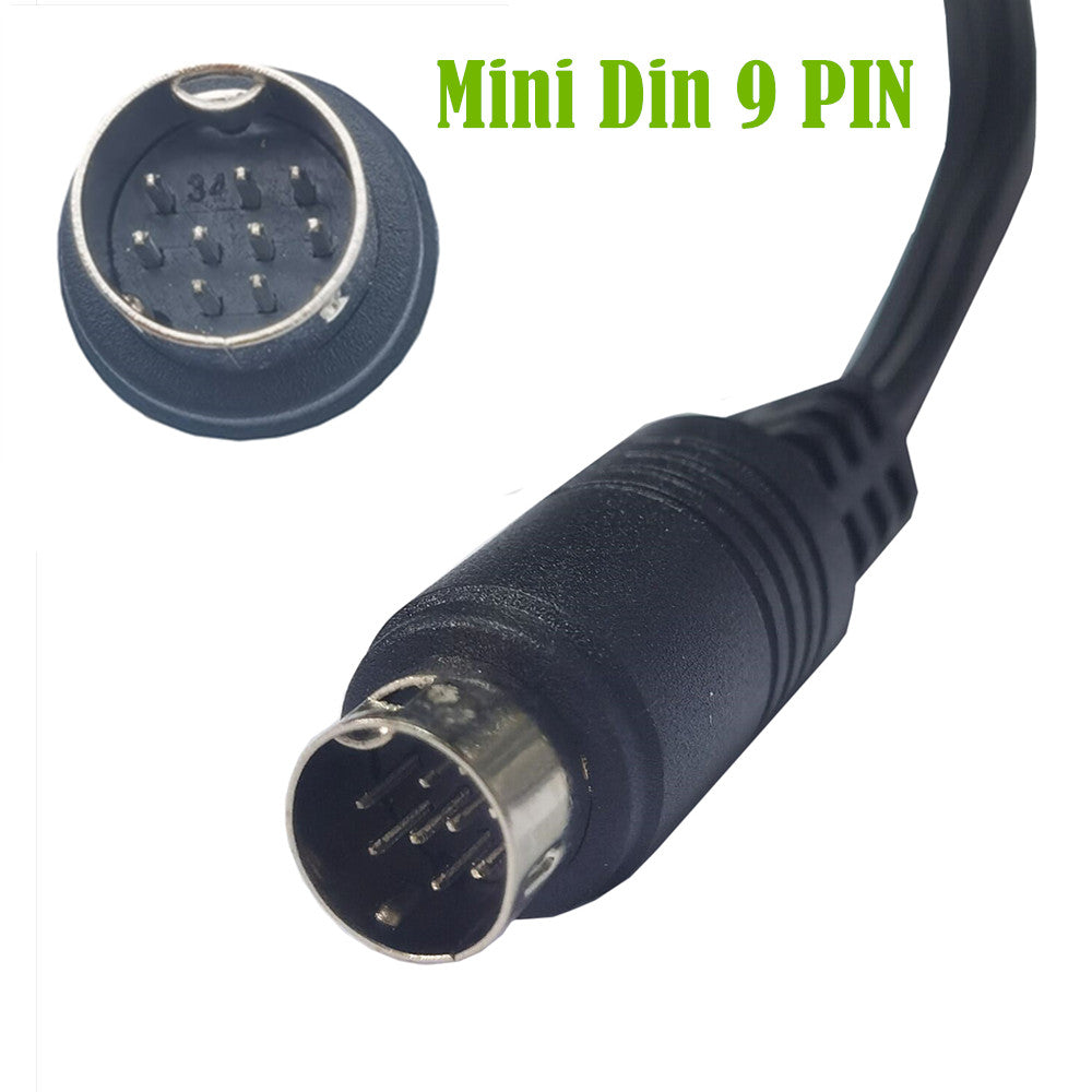 Detailed view of the 9-pin Mini DIN connector used on the adapter cable