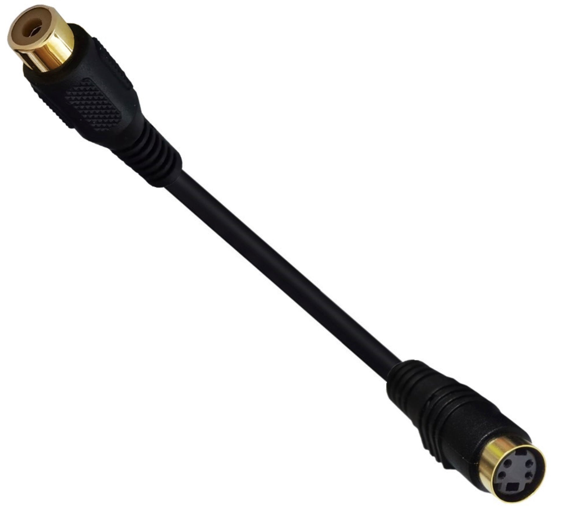 Side view of the 4-pin Mini DIN female to RCA female adapter cable
