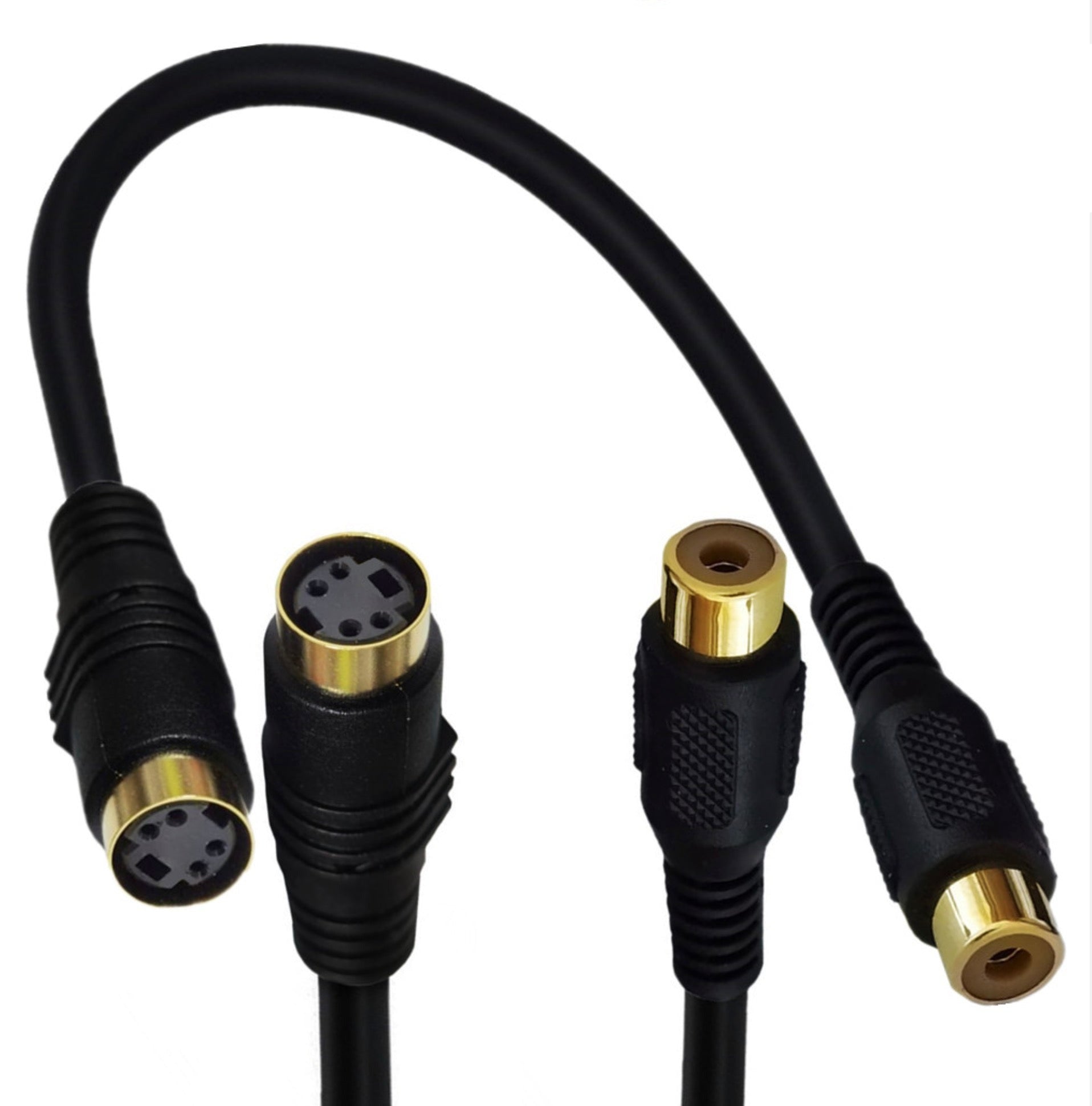 4-pin Mini DIN to RCA adapter cable connected to home entertainment equipment