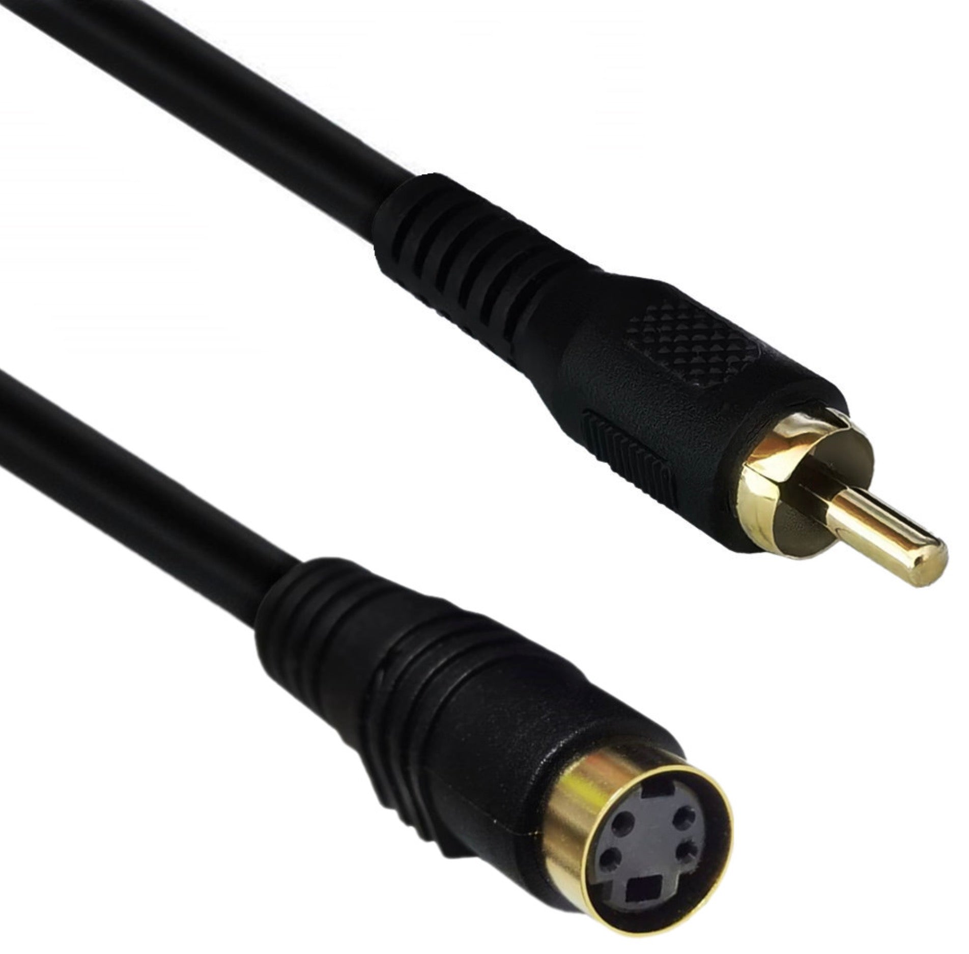 Side view of the 4-pin Mini DIN male to RCA male adapter cable