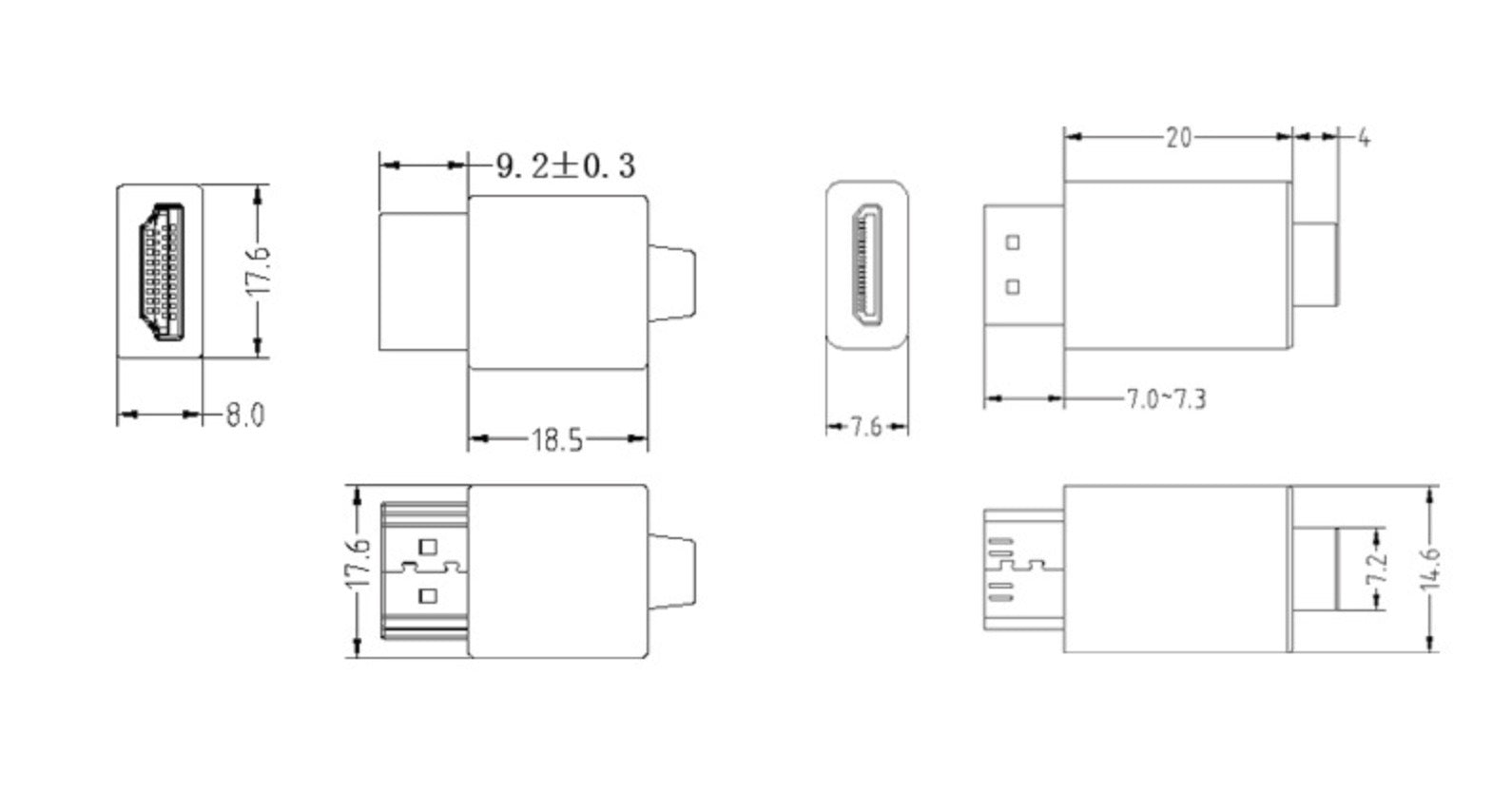 Mini HDMI Type C male to HDMI female adapter cable dimensions and connector layout
