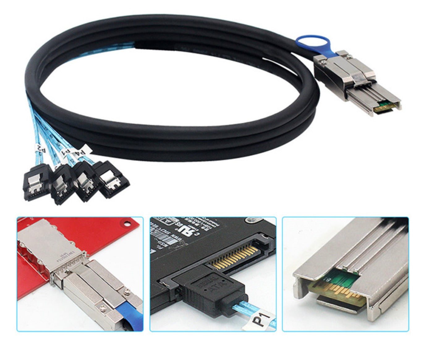 Mini SAS SFF-8088 breakout cable installed in a server connecting four SATA drives