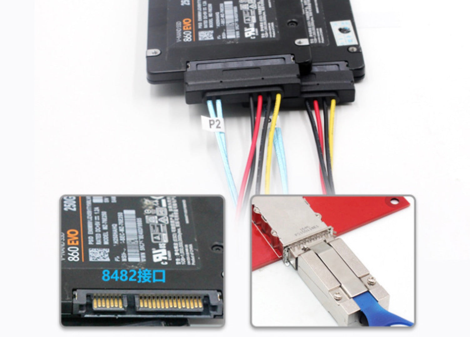 Mini SAS SFF-8088 breakout cable connected between a RAID controller and four SAS drives