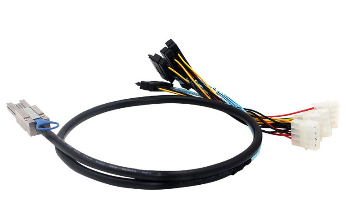 Mini SAS SFF-8088 fan-out cable installed in a server connecting multiple SAS drives