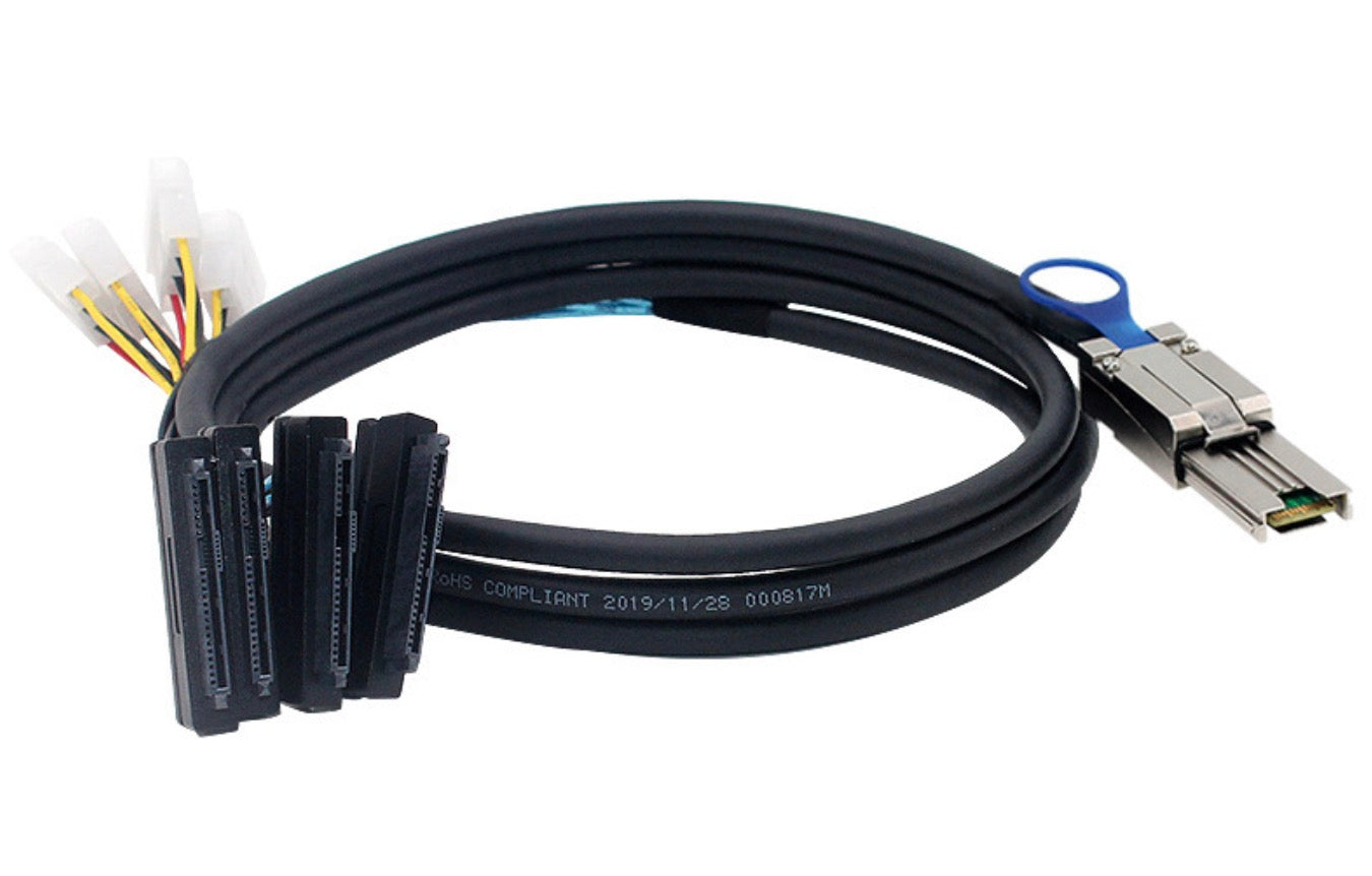 Mini SAS SFF-8088 to four SFF-8482 SAS breakout cable with integrated Molex power connectors