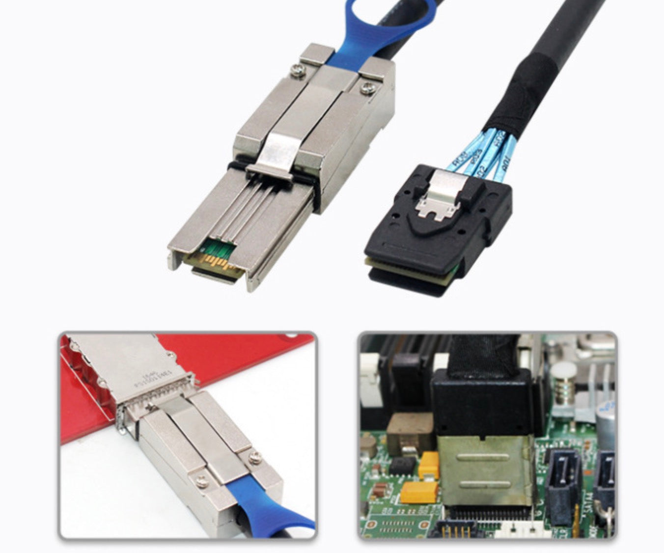 Mini SAS SFF-8088 to SFF-8087 data cable connecting an external SAS controller to an internal server storage backplane