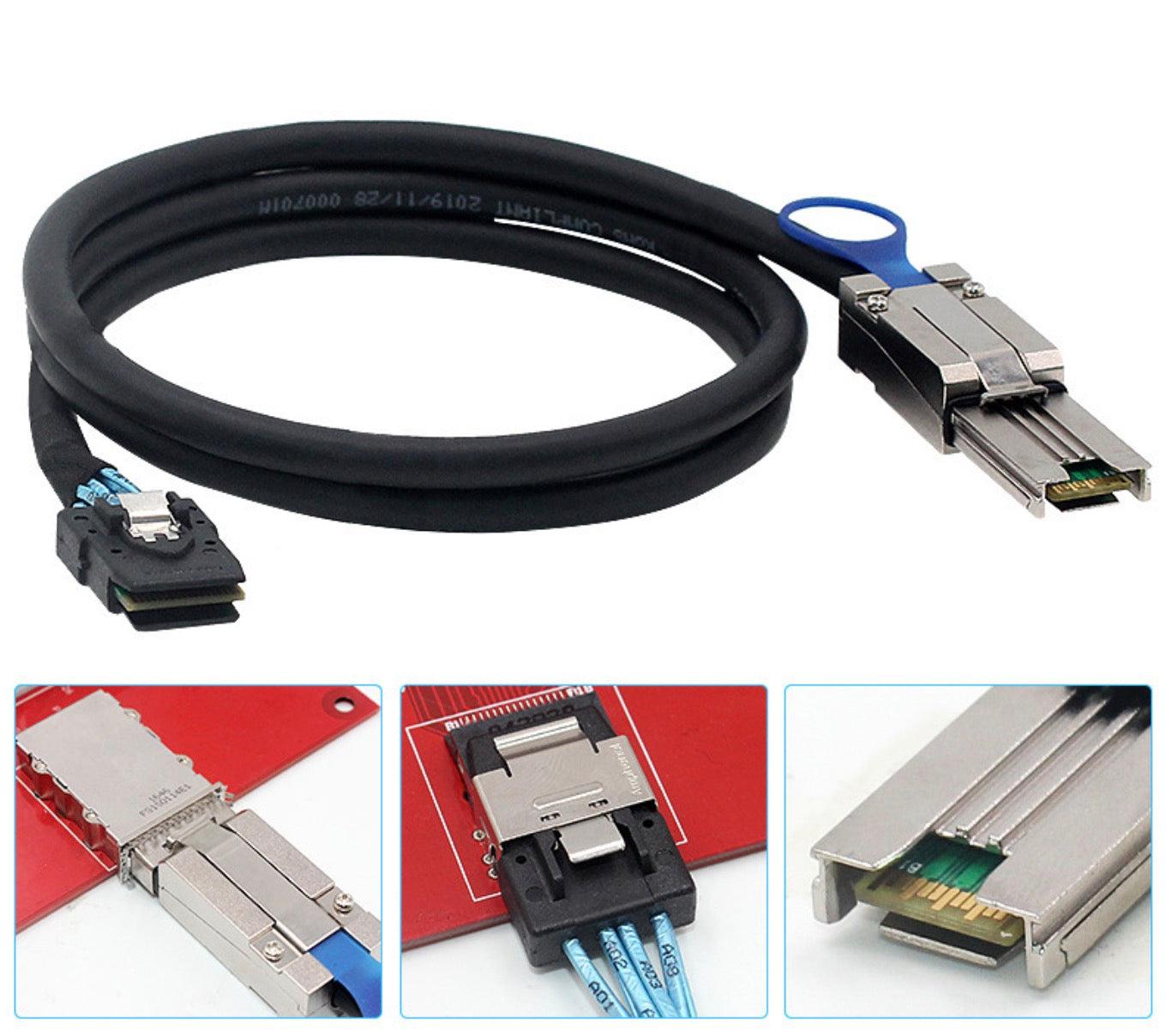 Mini SAS SFF-8088 to SFF-8087 cable connected between RAID controller and storage hardware