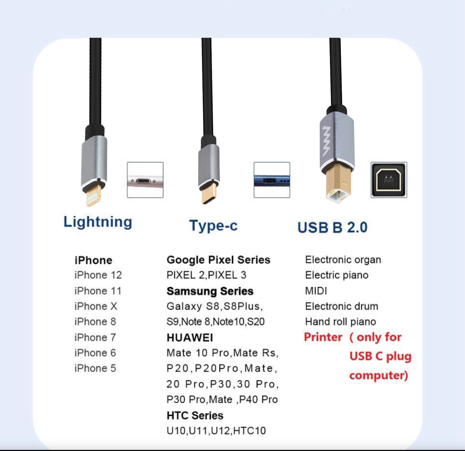 2-in-1 USB-C + 8 Pin to USB 2.0 Type B MIDI / Printer Cable  3m