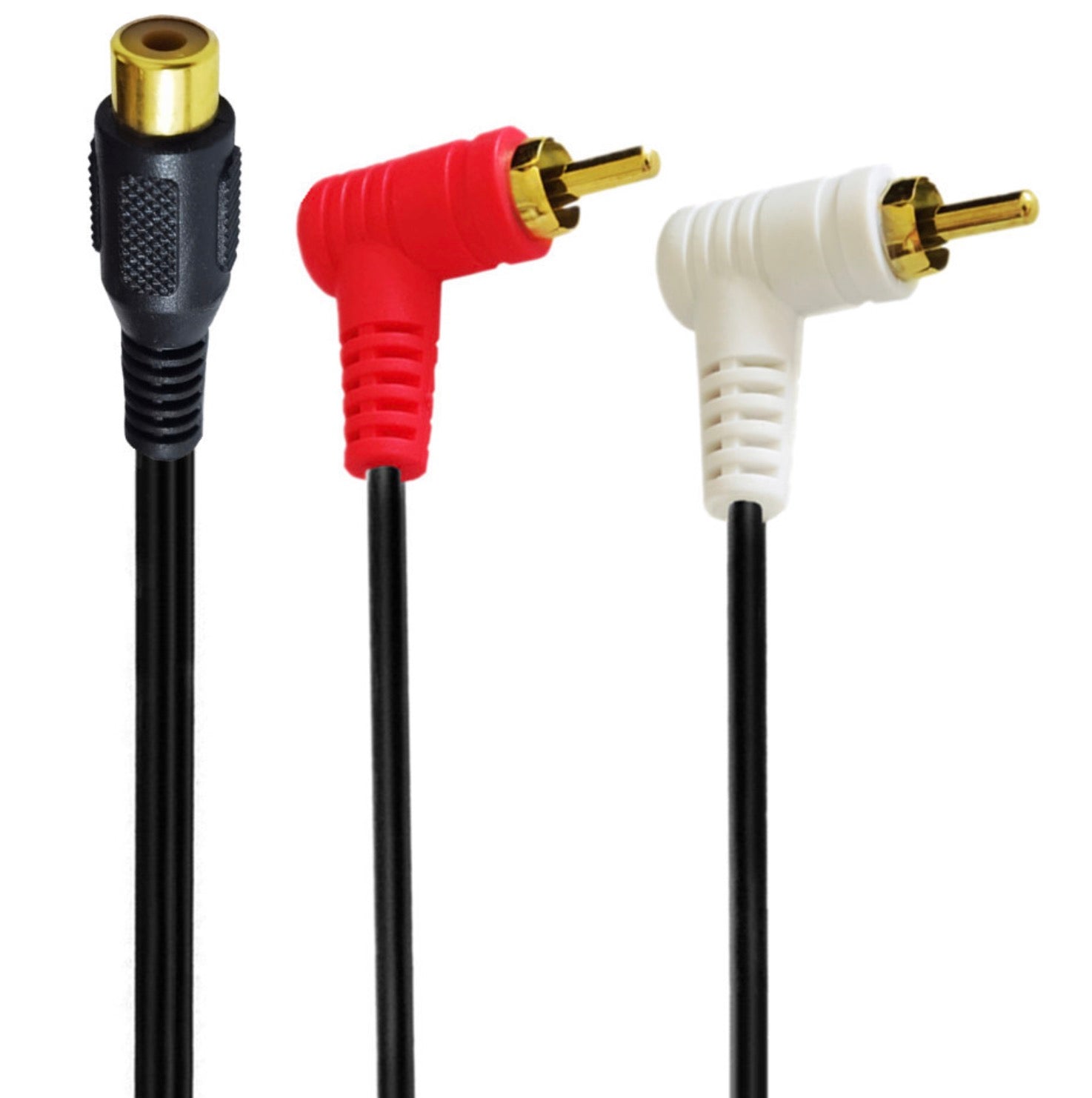 Close-up of right-angle red and white RCA male connectors with RCA female socket