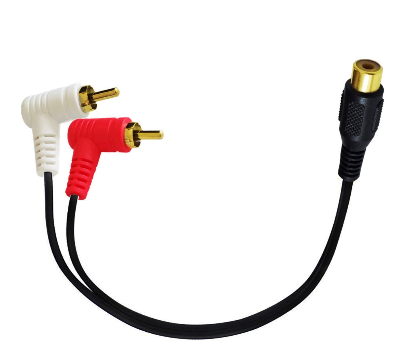 Compact RCA female to dual RCA male stereo splitter cable with right-angle connectors