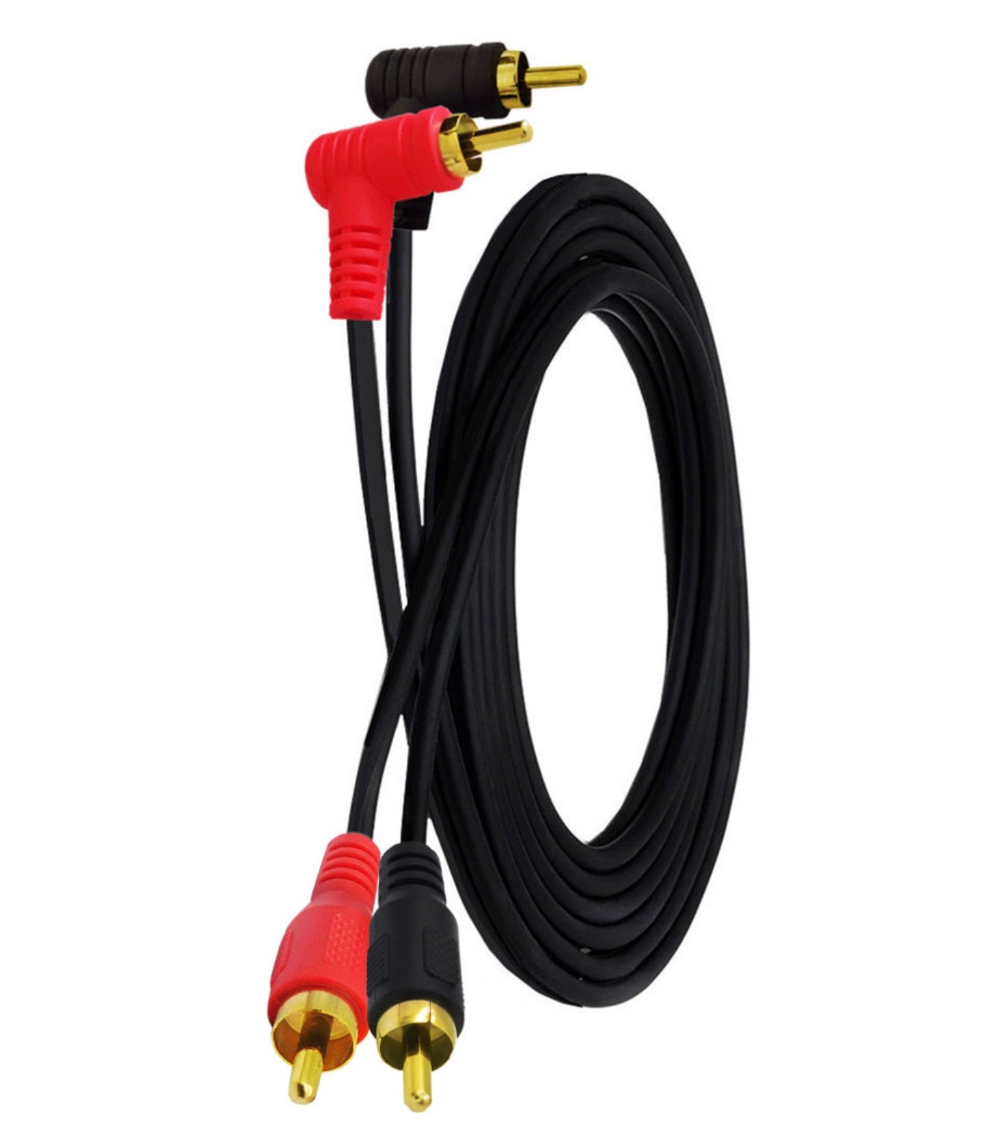Detailed view of right-angle RCA stereo audio cable with gold-plated connectors