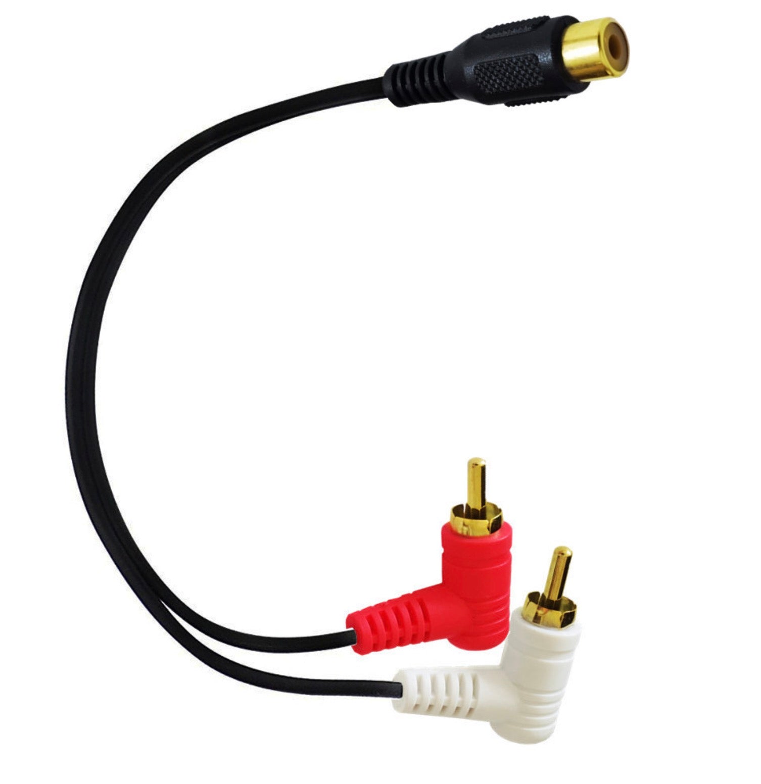 Right-angle RCA stereo Y splitter cable connected to compatible audio equipment