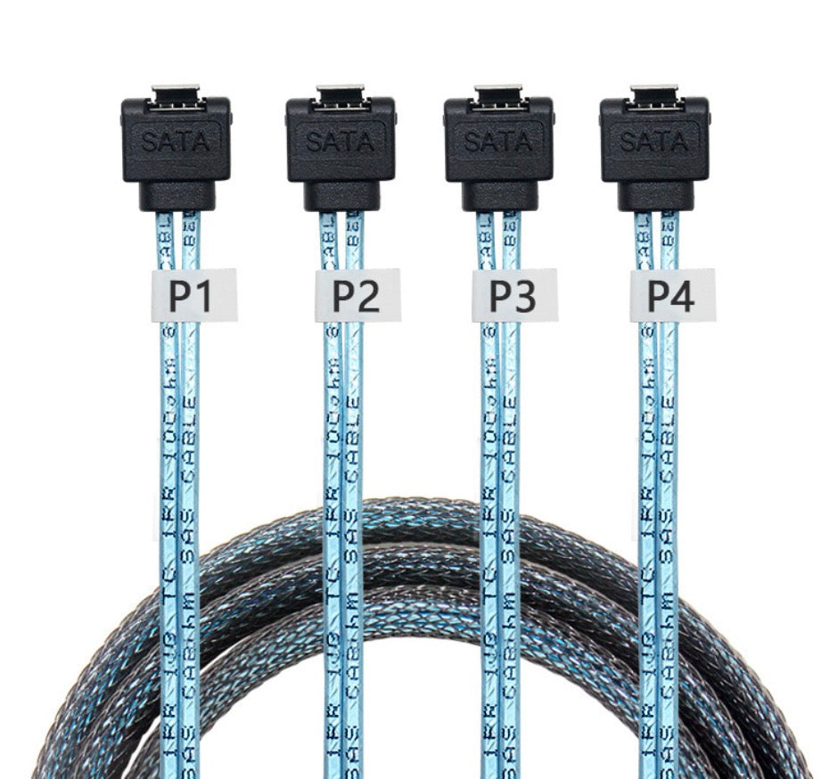 Detailed view of right-angle SATA 7-pin data connectors with locking design