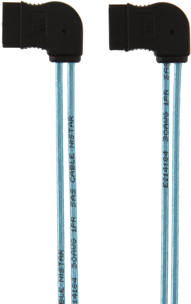 Close-up of dual right-angle SATA female connectors with locking clips