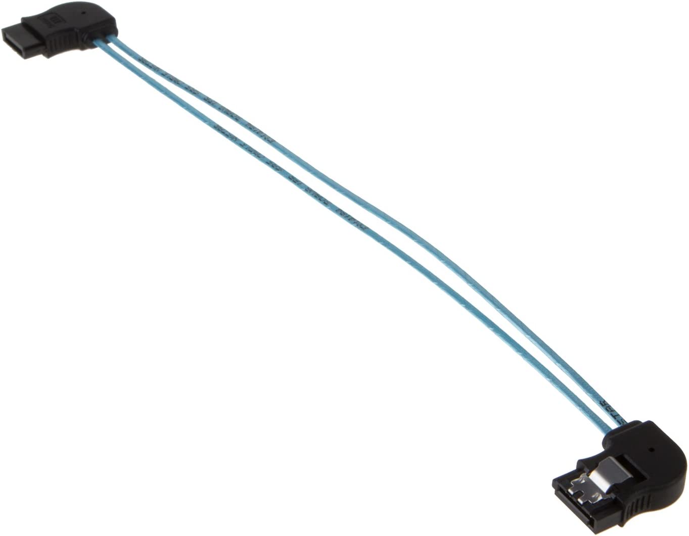Side view of SATA right-angle female extension cable with flexible blue cable