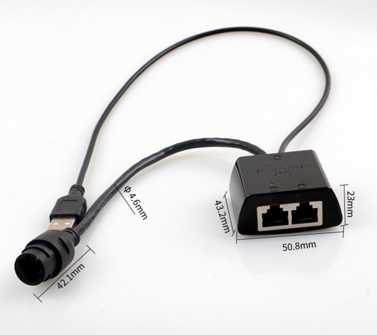 Powered RJ45 Ethernet splitter with USB cable for dual network connections
