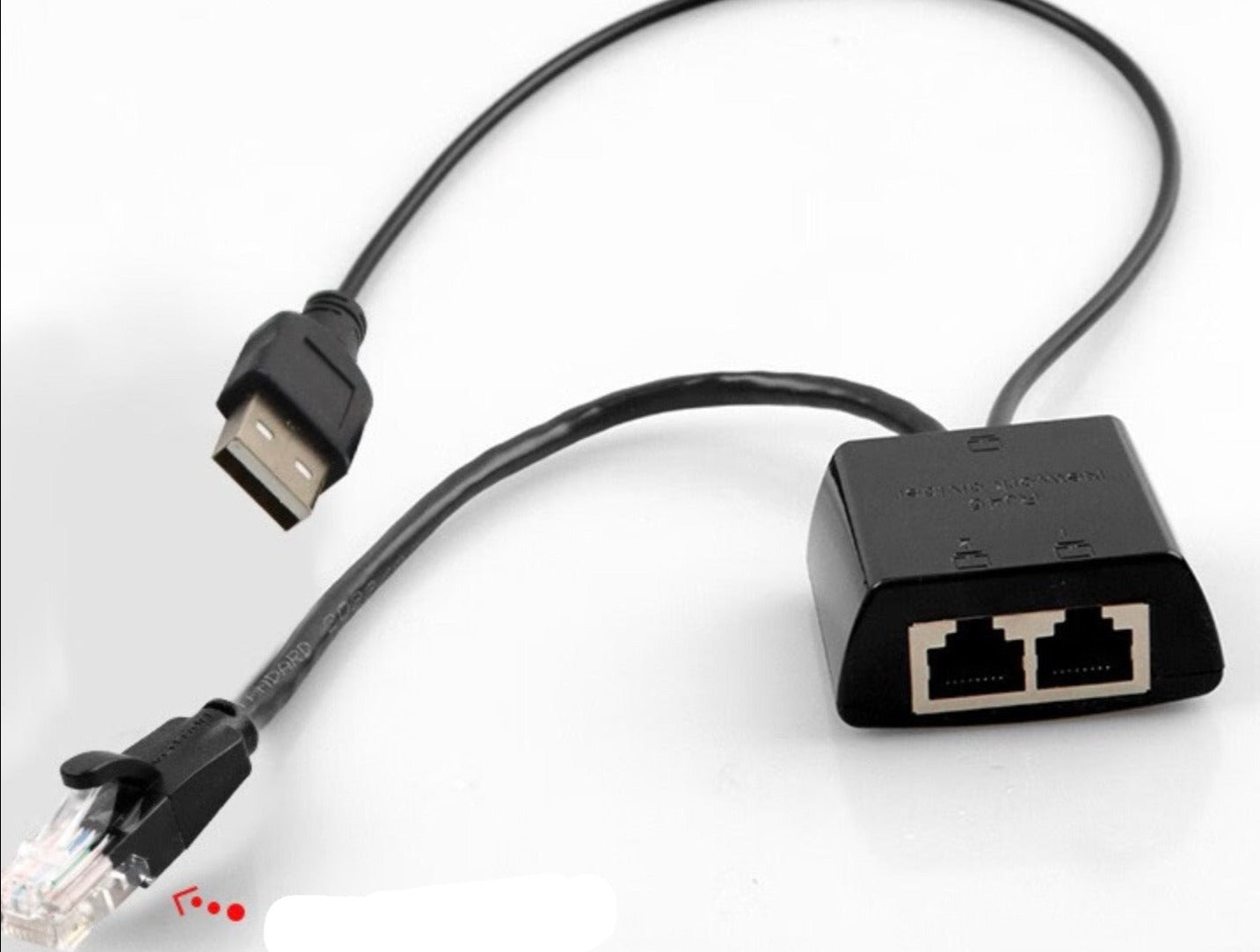 Close-up of RJ45 Ethernet splitter showing dual network ports