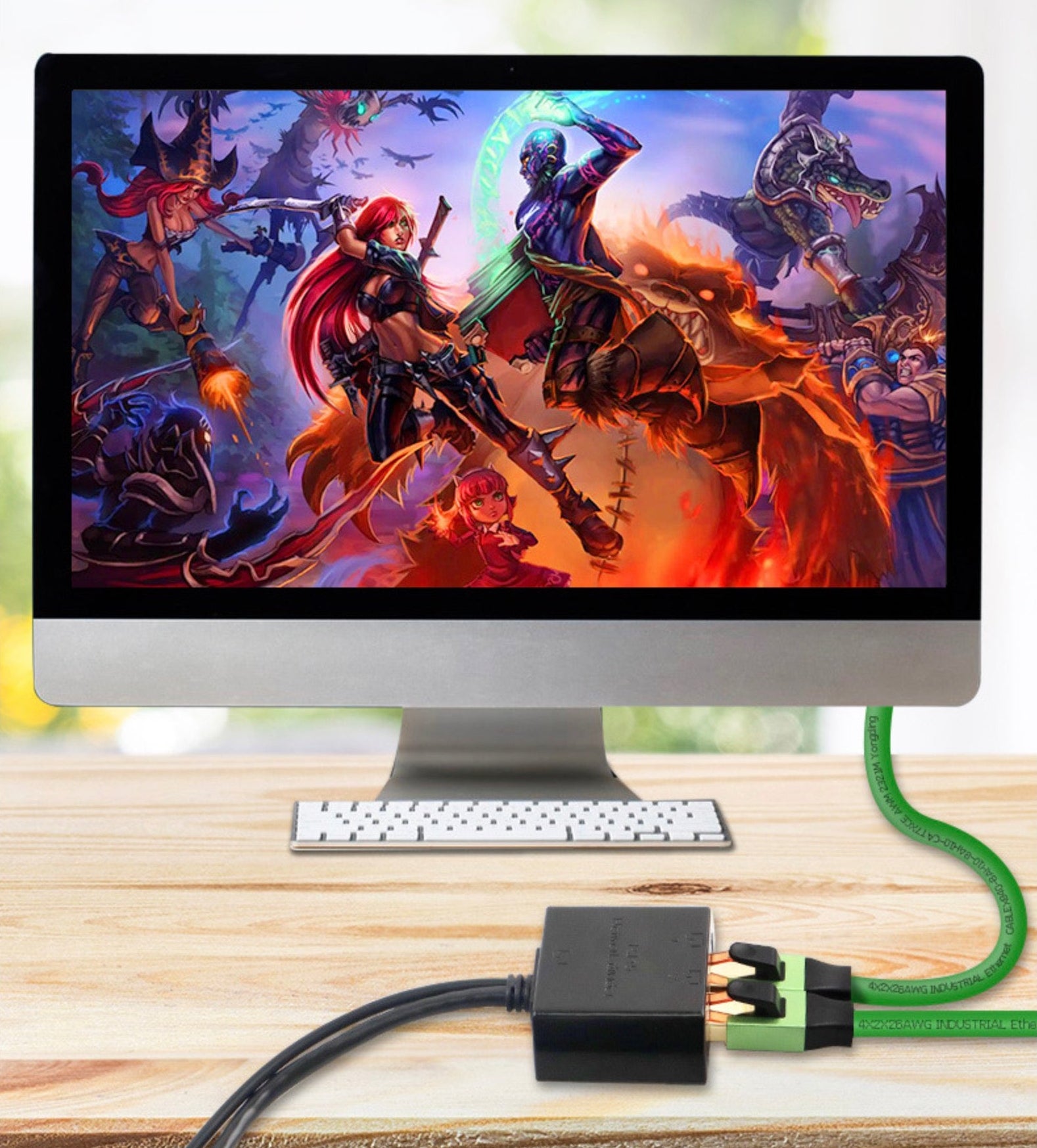 RJ45 Ethernet splitter connected to a gaming PC and network equipment