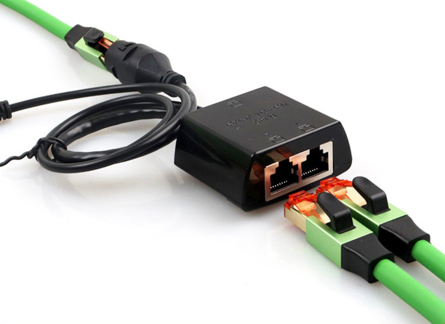 RJ45 powered splitter used with networking equipment and Ethernet cables