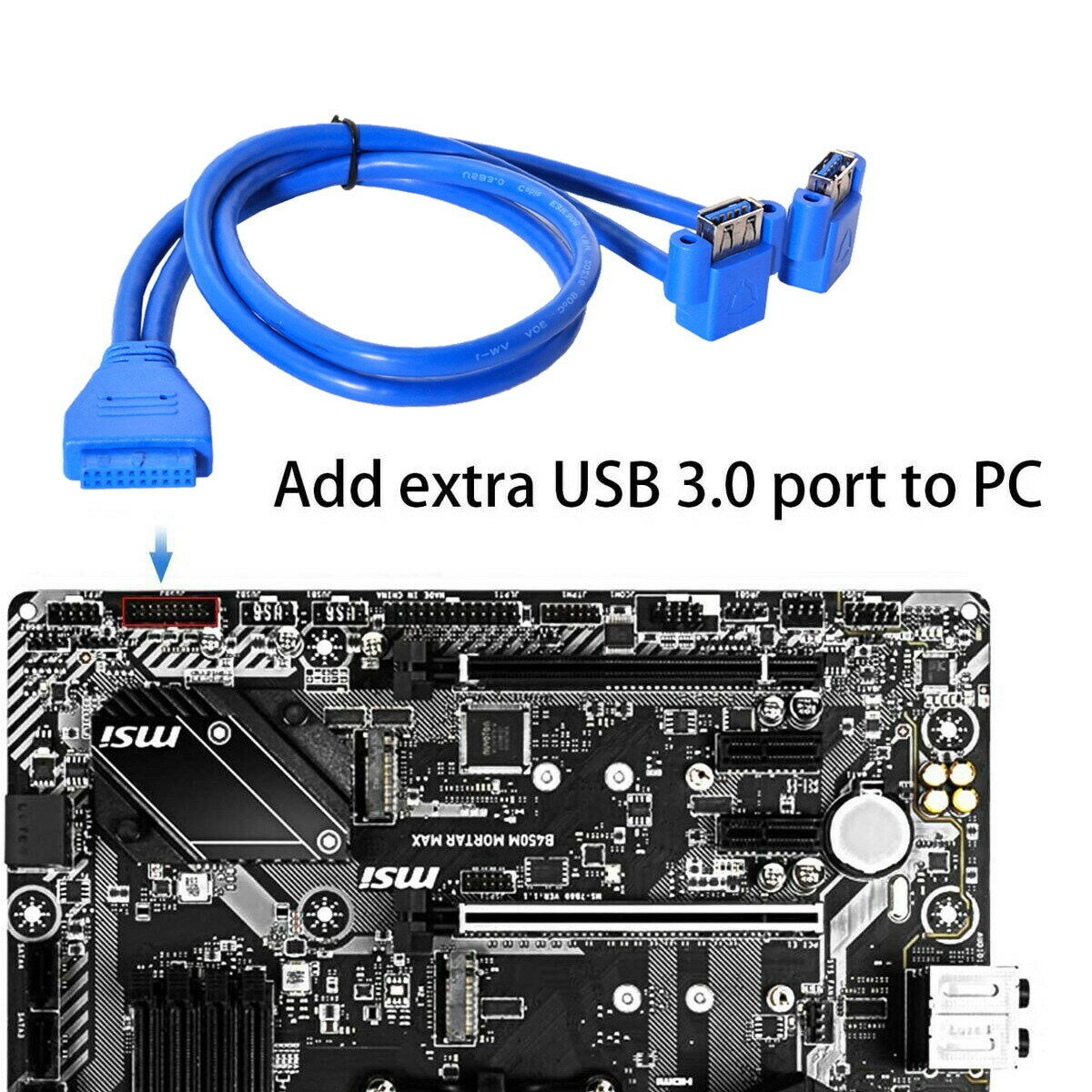 20 Pin Motherboard Header to USB-A 3.0 Dual Female Angled Cable 0.5m
