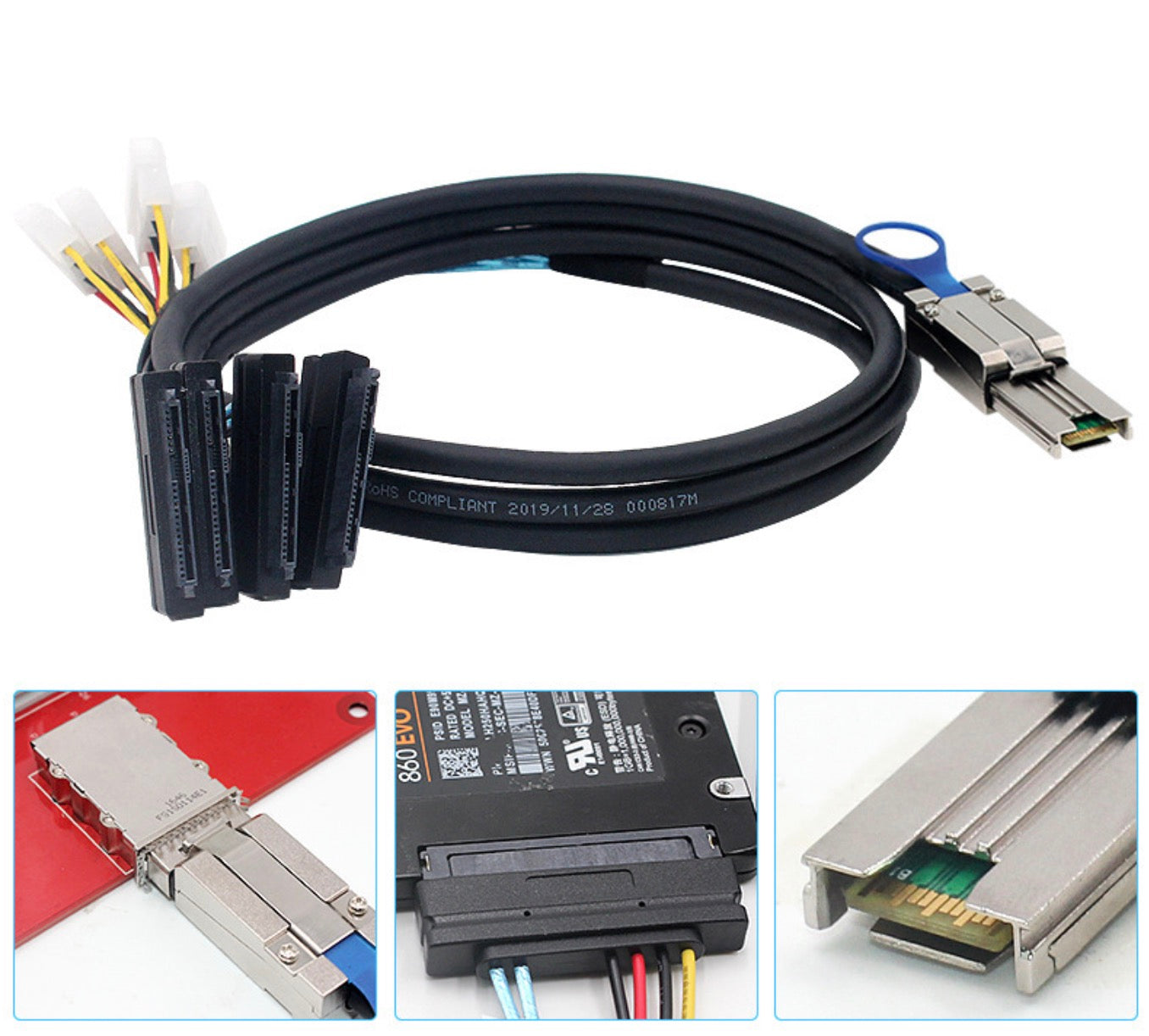 Mini SAS breakout cable connected to SAS hard drives in a storage array