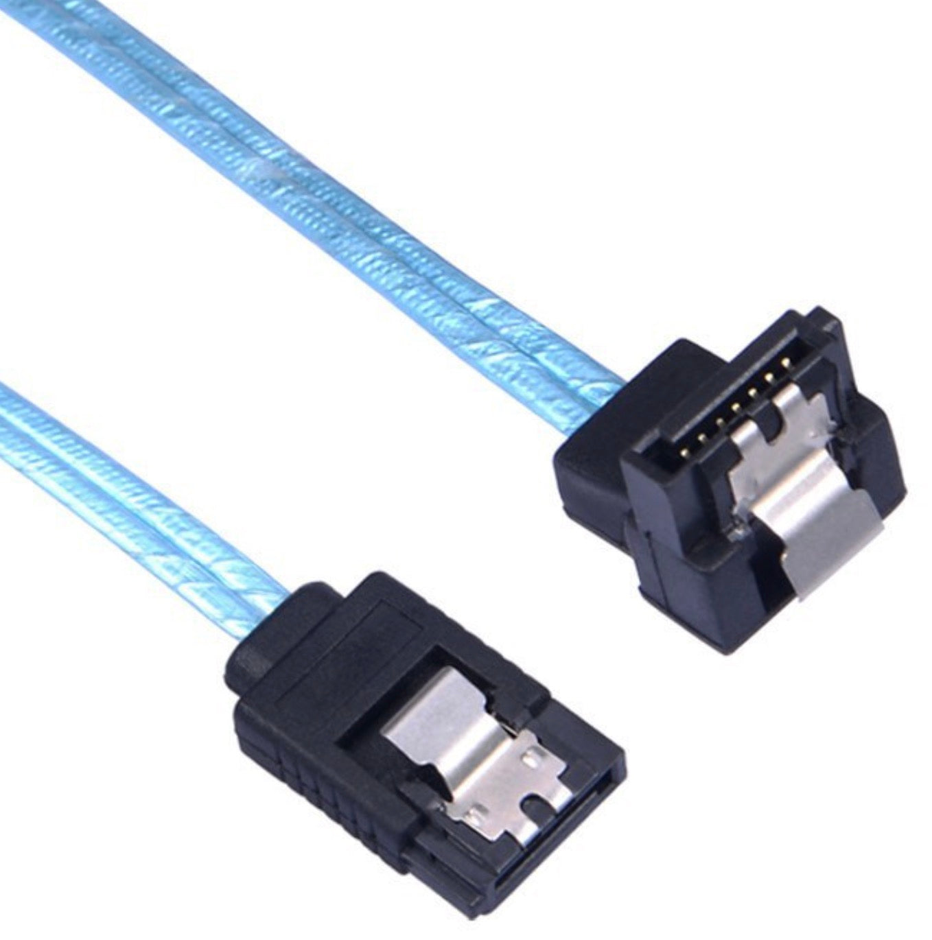 Close-up of straight and right-angle SATA female connectors with locking clips