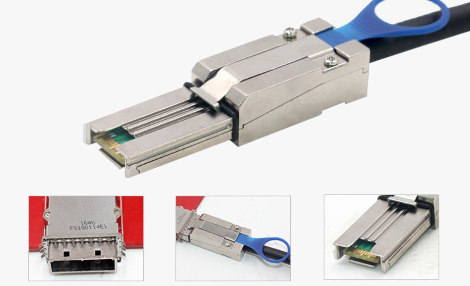 Close-up of the Mini SAS SFF-8088 connector with locking latch