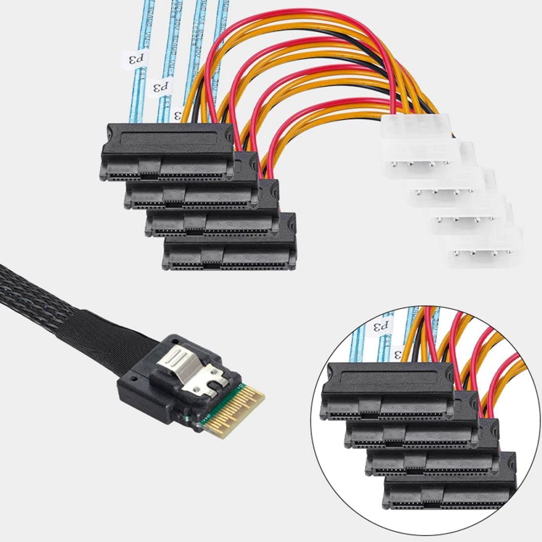 Close-up of SFF-8482 SAS drive connectors on the SlimSAS fan-out cable