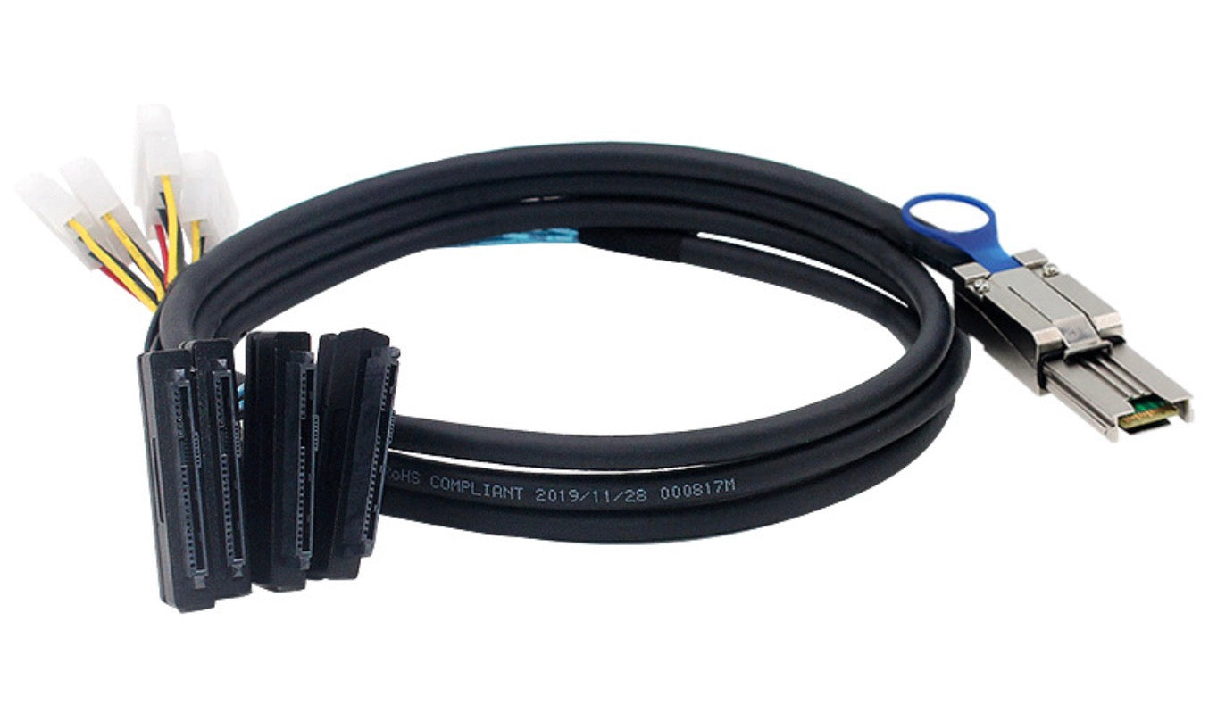 Close-up of the Mini SAS SFF-8088 connector with locking release tab