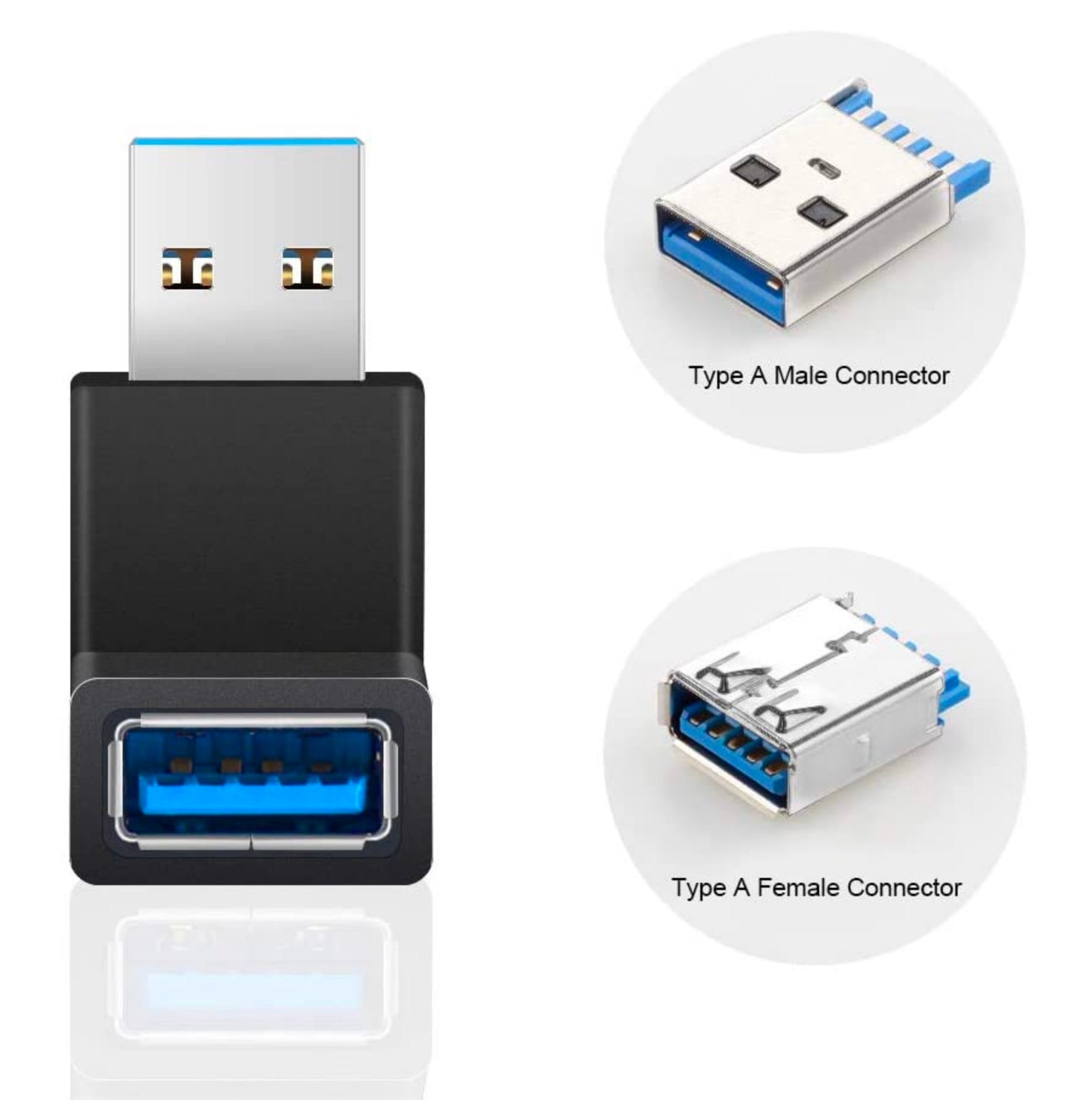 USB 3.0 Type A Angled Male to Female Data Adapter