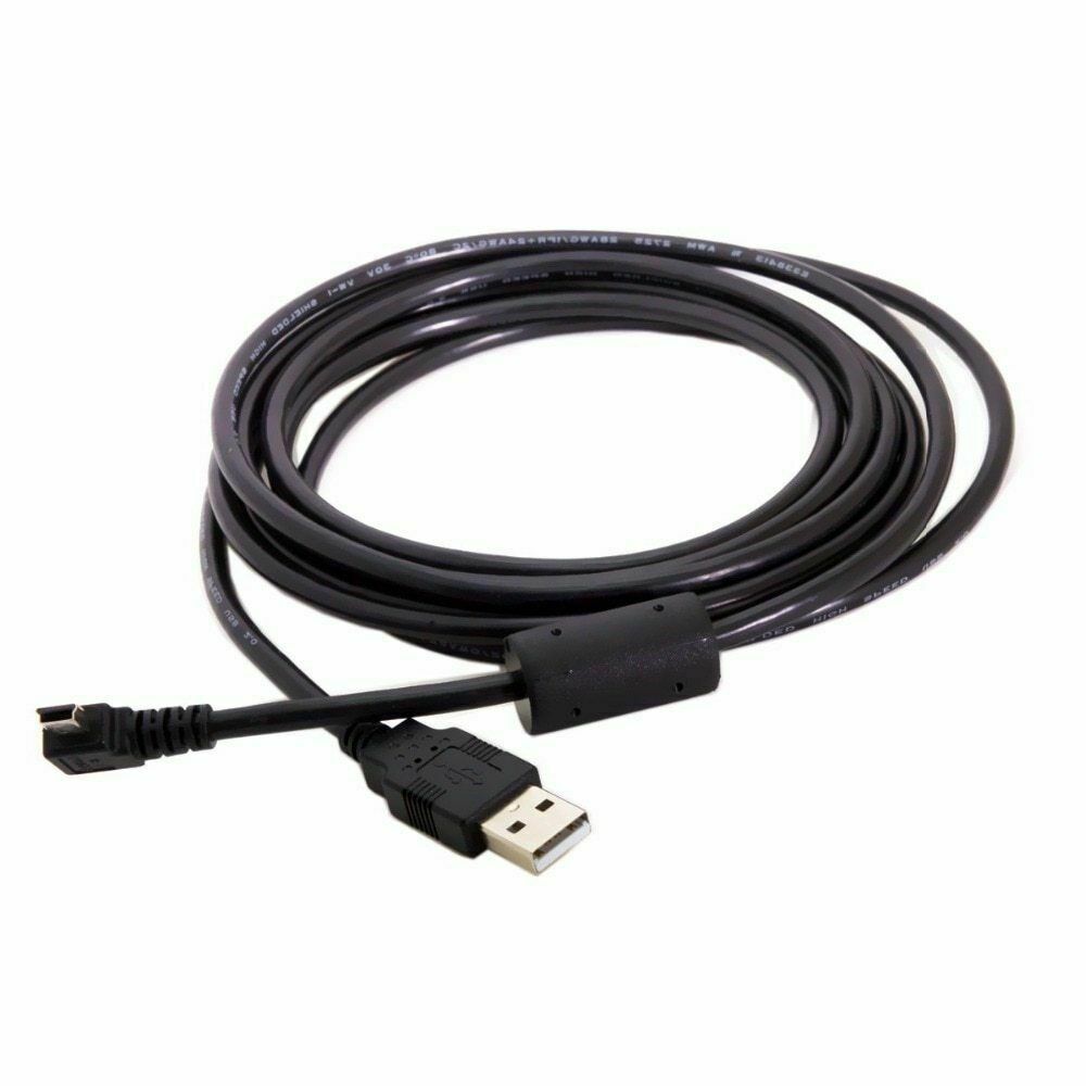 USB 2.0 Type-A male to Mini USB 5 Pin B male 3 metre data and charging cable showing Right Angle and Left Angle connector options for cameras, GPS devices and portable electronics